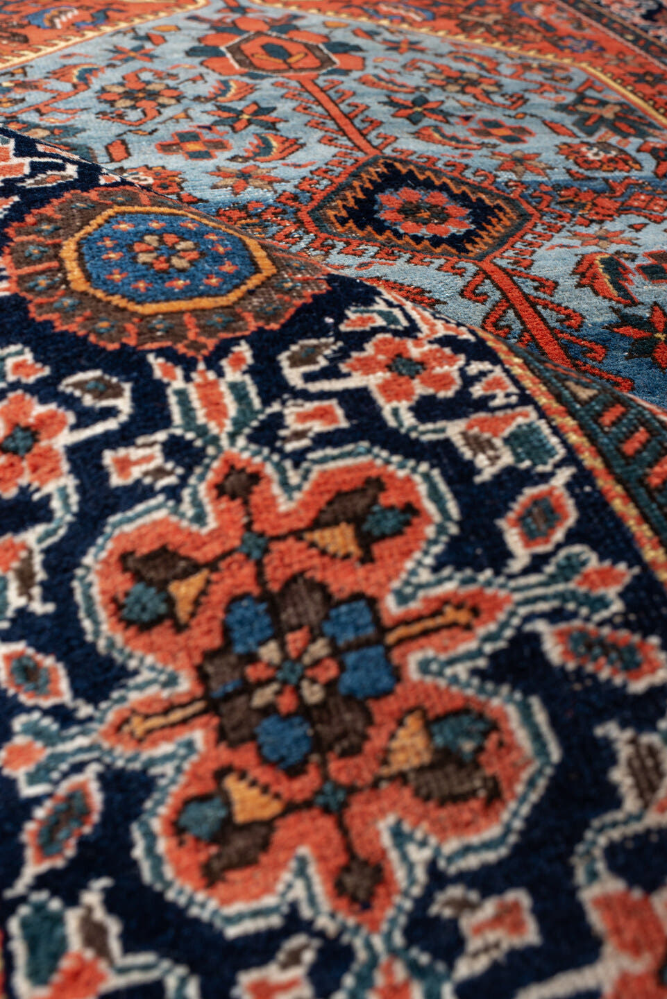 3' x 5' one-of-a-kind handmade vintage Far.Sarouk small size rug. Color palette: red, navy, sky_blue, ivory, rust, cobalt