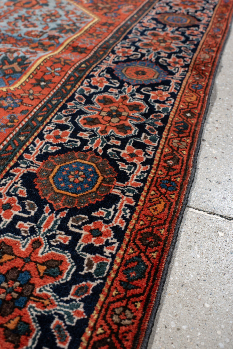 3' x 5' one-of-a-kind handmade vintage Far.Sarouk small size rug. Color palette: red, navy, sky_blue, ivory, rust, cobalt