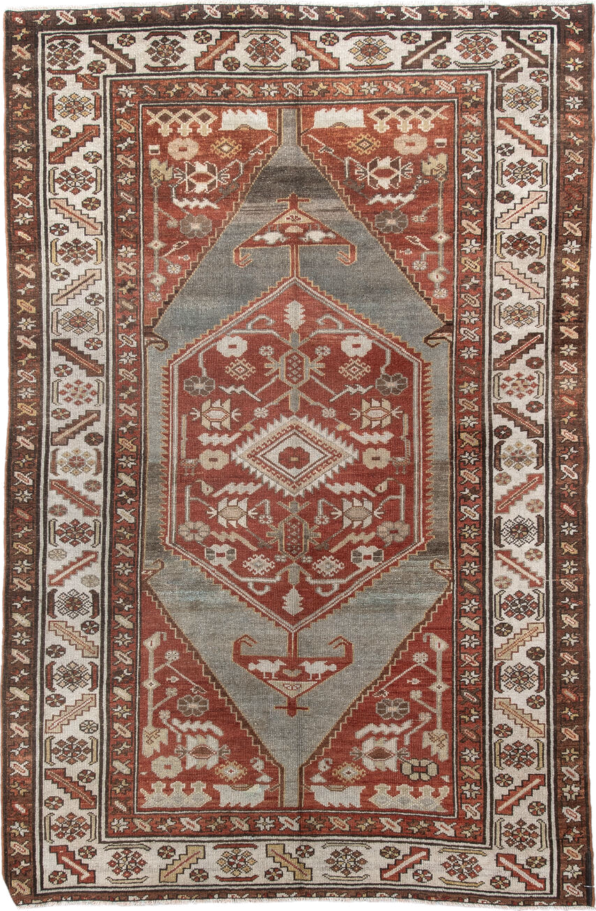 4' x 6' one-of-a-kind handmade vintage Malayer small size rug. Color palette: rust, ivory, gray, brown, terracotta, taupe