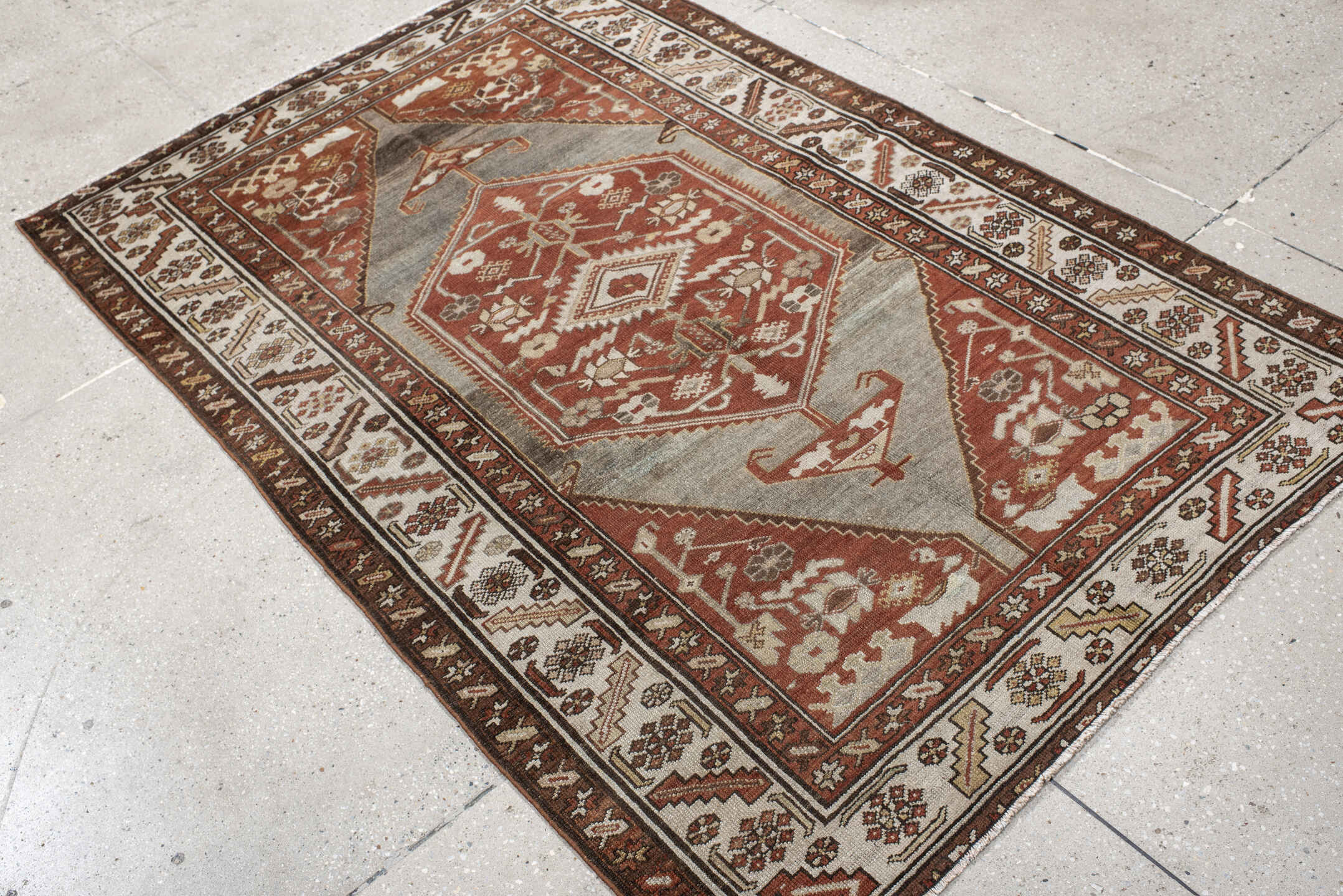 4' x 6' one-of-a-kind handmade vintage Malayer small size rug. Color palette: rust, ivory, gray, brown, terracotta, taupe