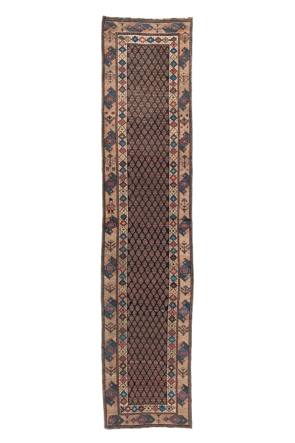2' x 11' one-of-a-kind handmade vintage NW Persian runner rug. Color palette: navy, ivory, rust, blue, camel, rose, charcoal