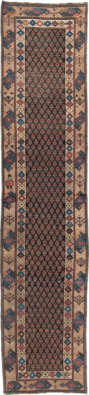 2' x 11' one-of-a-kind handmade vintage NW Persian runner rug. Color palette: navy, ivory, rust, blue, camel, rose, charcoal