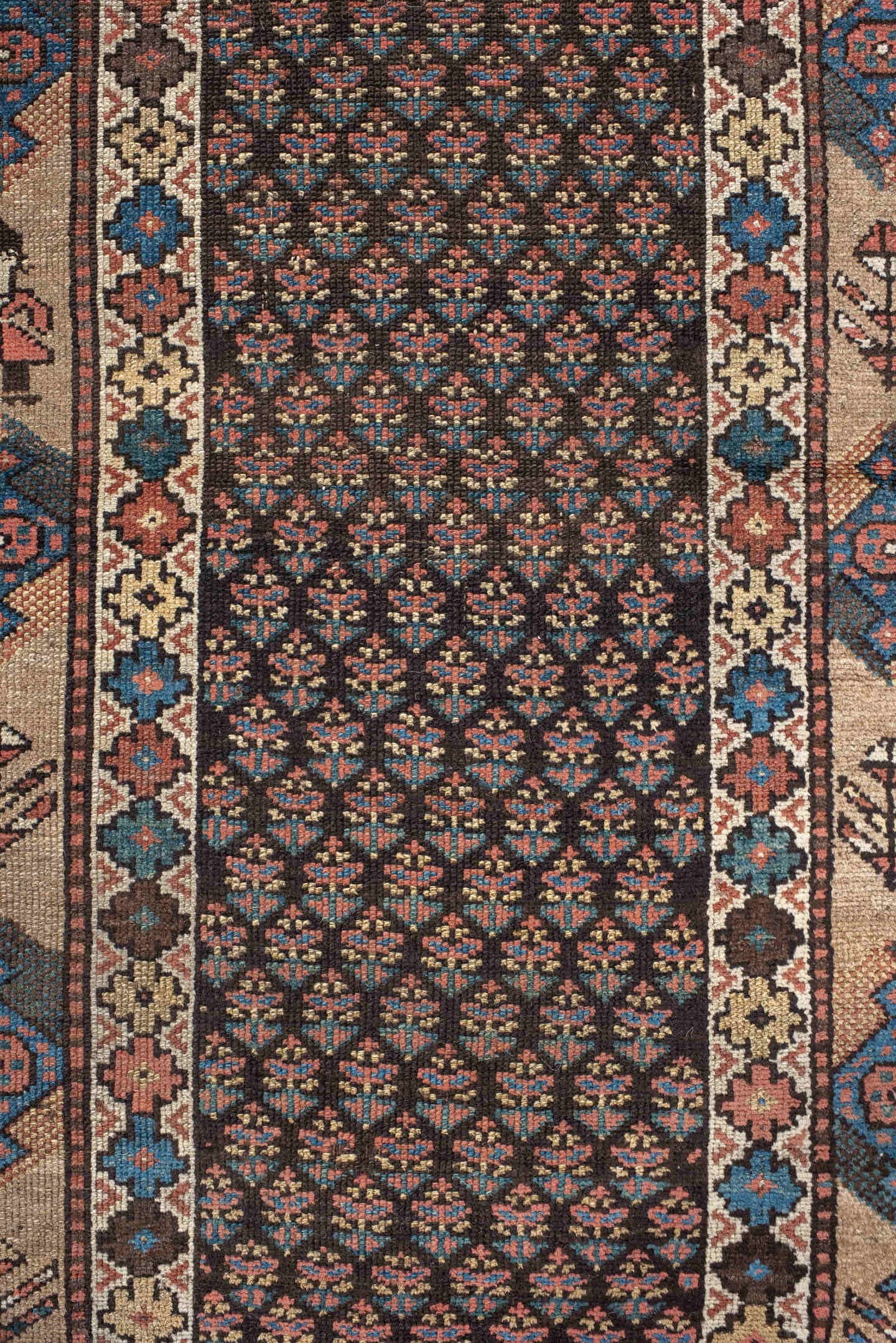 2' x 11' one-of-a-kind handmade vintage NW Persian runner rug. Color palette: navy, ivory, rust, blue, camel, rose, charcoal