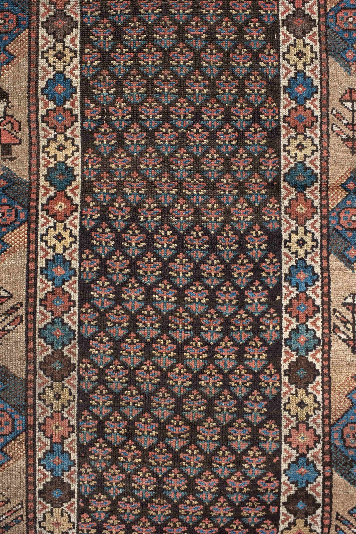 2' x 11' one-of-a-kind handmade vintage NW Persian runner rug. Color palette: navy, ivory, rust, blue, camel, rose, charcoal