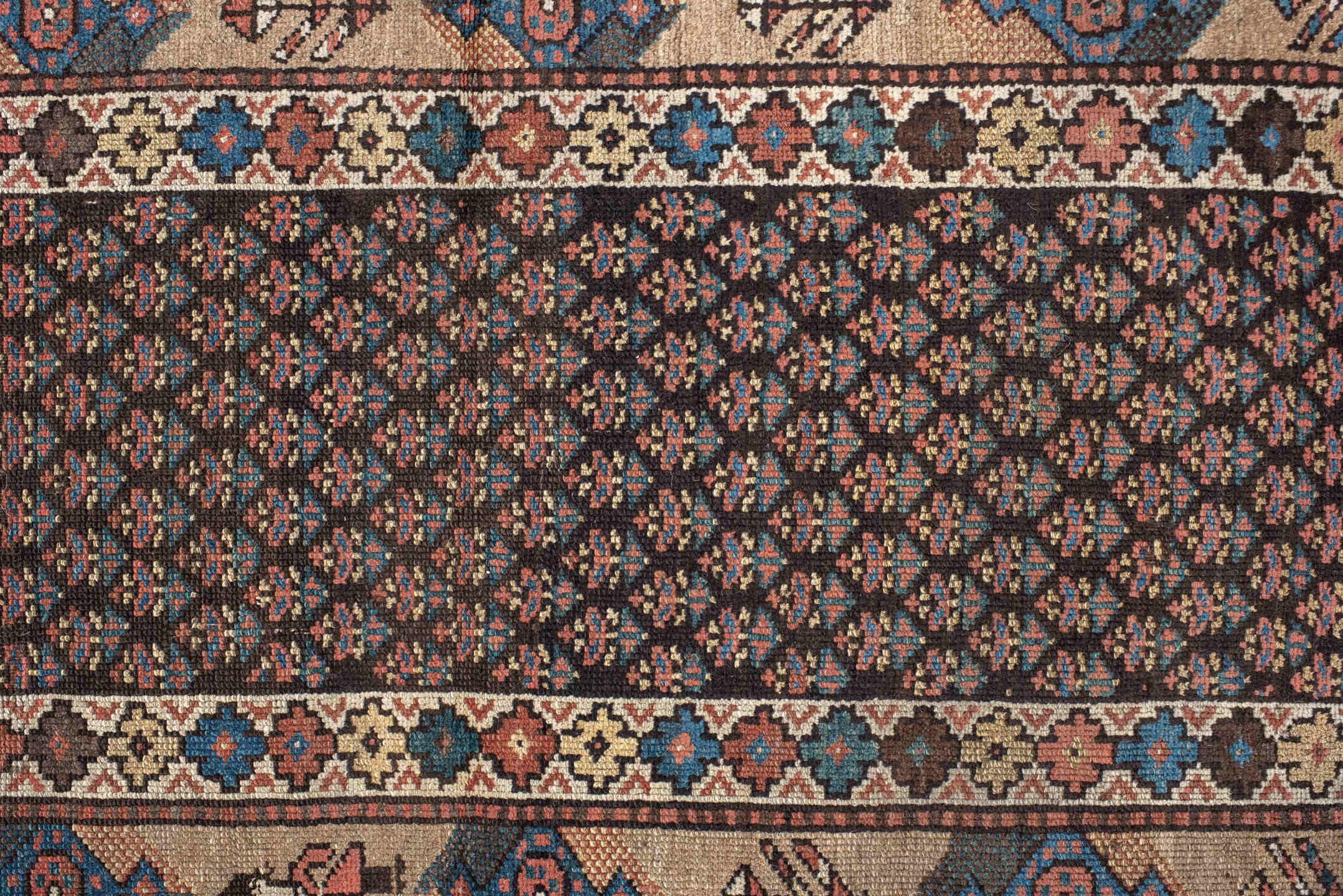 2' x 11' one-of-a-kind handmade vintage NW Persian runner rug. Color palette: navy, ivory, rust, blue, camel, rose, charcoal