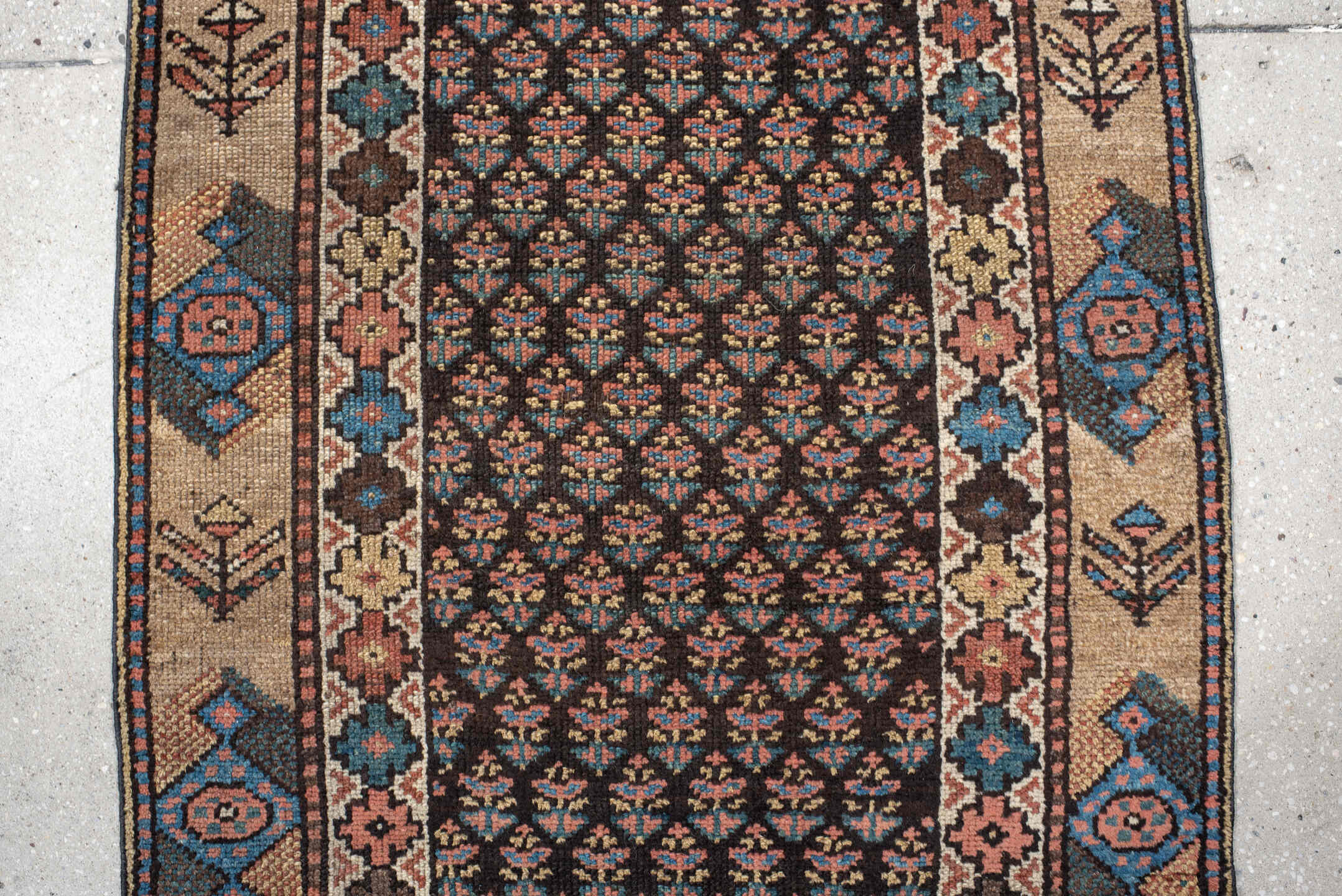 2' x 11' one-of-a-kind handmade vintage NW Persian runner rug. Color palette: navy, ivory, rust, blue, camel, rose, charcoal