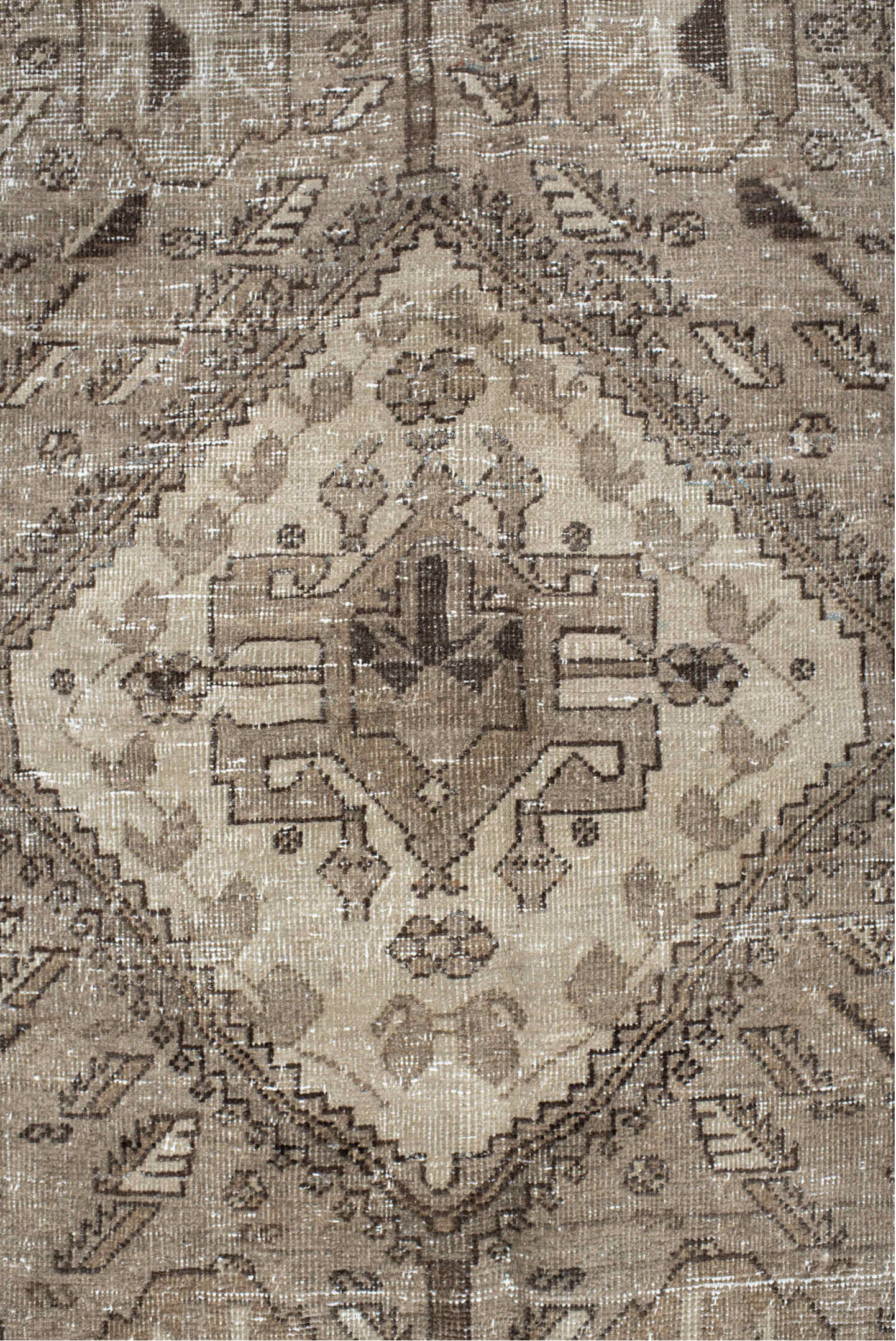 5' x 6' one-of-a-kind handmade vintage Sarab rug. Color palette: ivory, taupe, brown, camel, pale_blue, beige, gray
