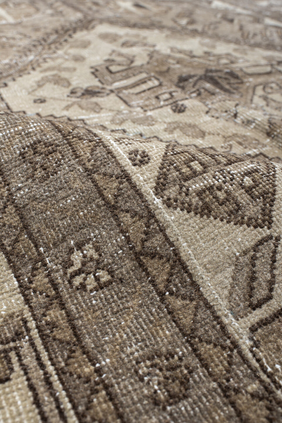 5' x 6' one-of-a-kind handmade vintage Sarab rug. Color palette: ivory, taupe, brown, camel, pale_blue, beige, gray