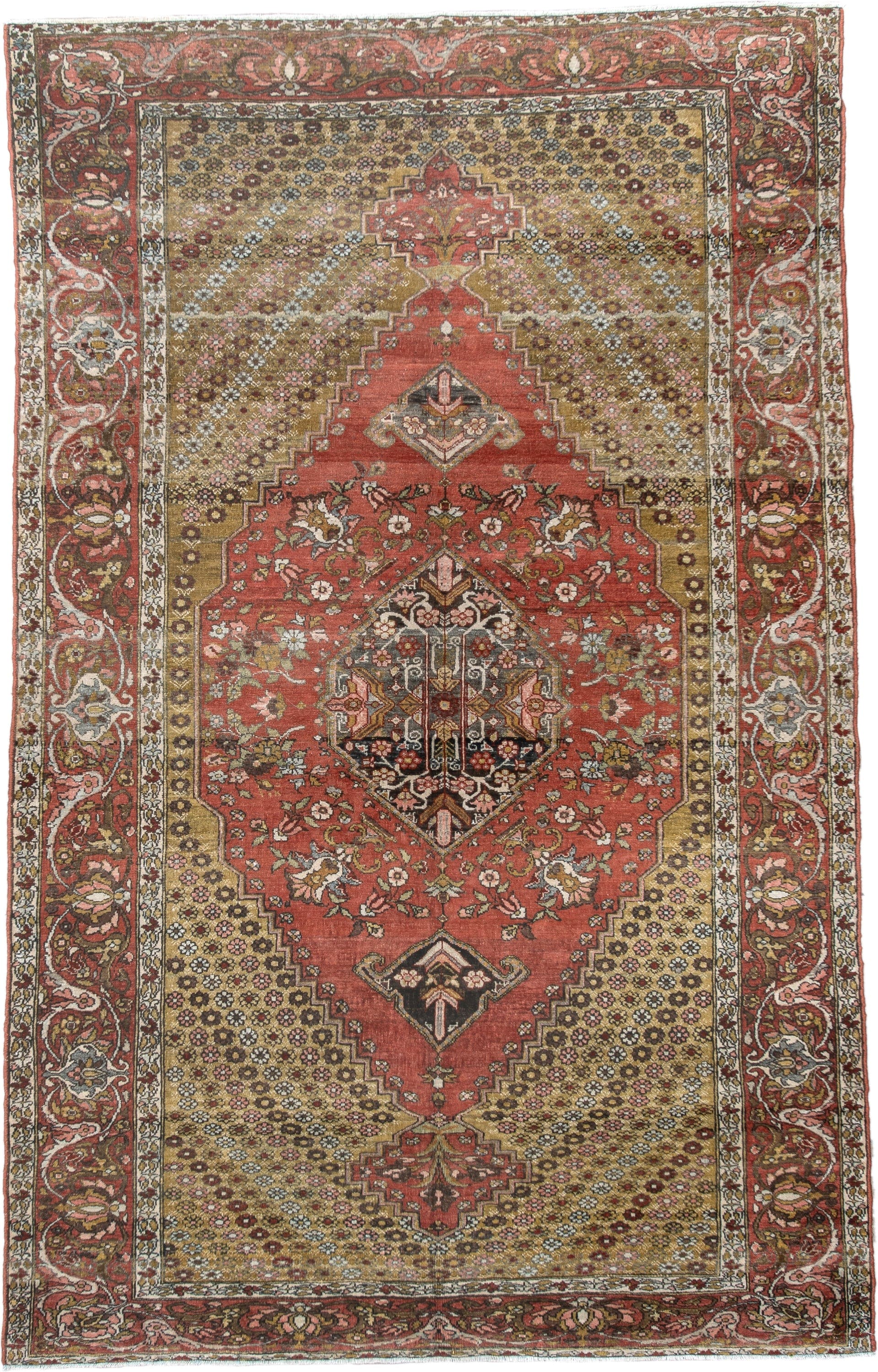 4' x 6' one-of-a-kind handmade vintage Baktiary small size rug. Color palette: rust, gold, ivory, charcoal, rose, olive