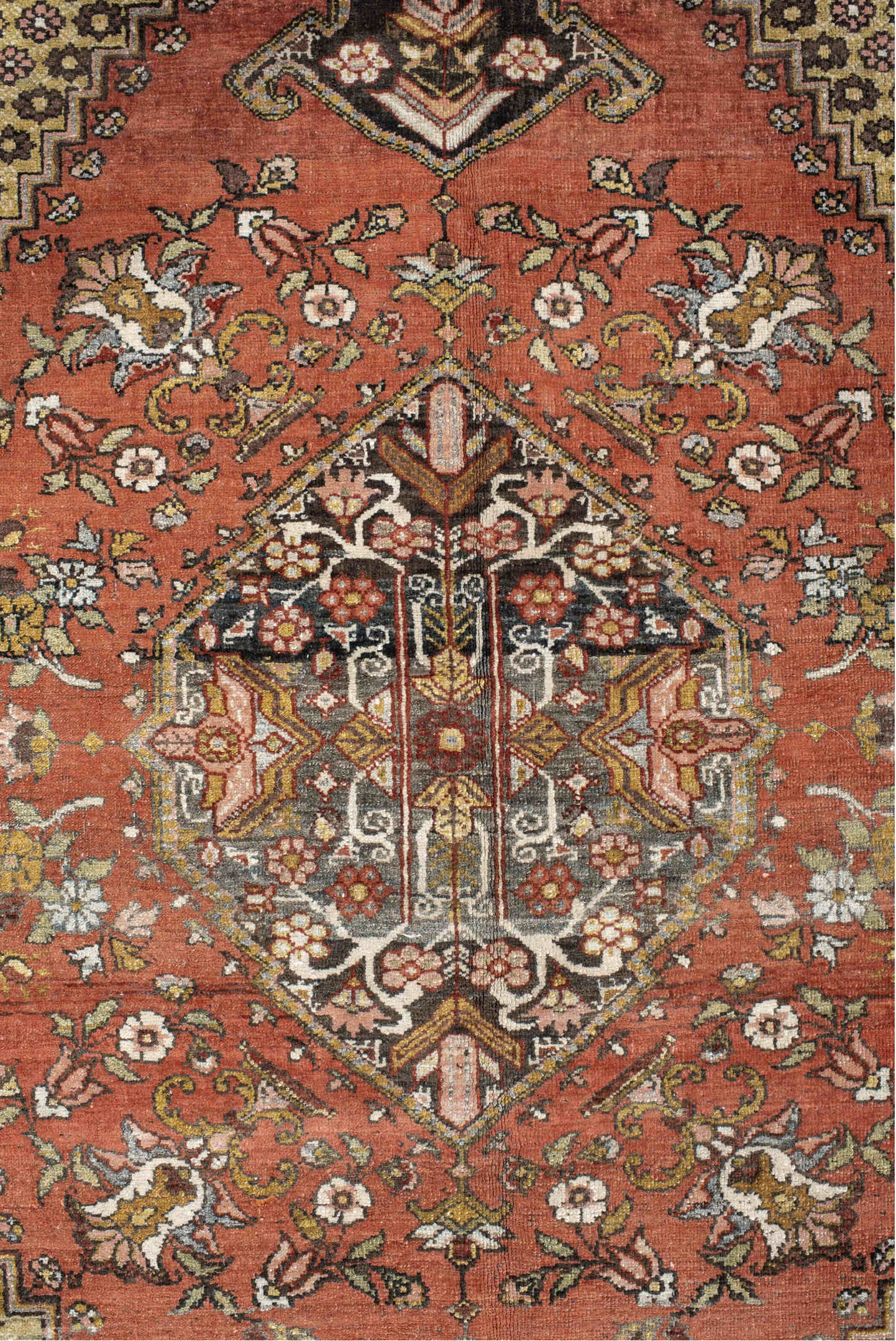 4' x 6' one-of-a-kind handmade vintage Baktiary small size rug. Color palette: rust, gold, ivory, charcoal, rose, olive