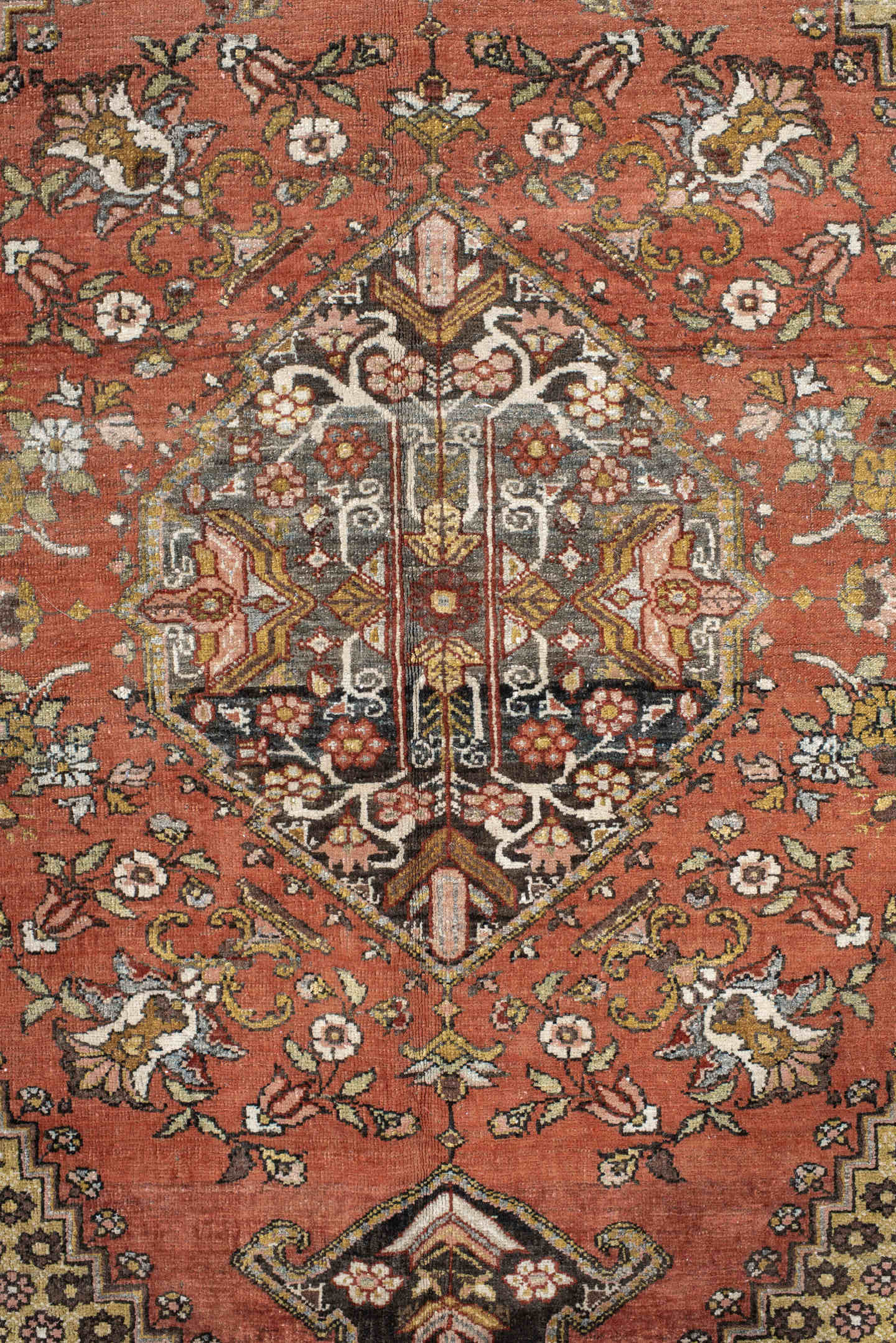 4' x 6' one-of-a-kind handmade vintage Baktiary small size rug. Color palette: rust, gold, ivory, charcoal, rose, olive