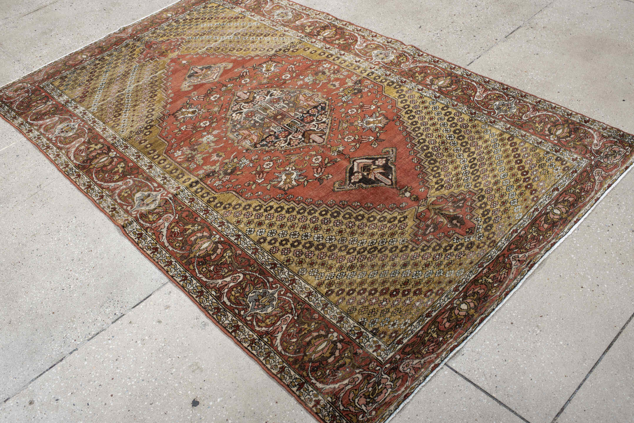 4' x 6' one-of-a-kind handmade vintage Baktiary small size rug. Color palette: rust, gold, ivory, charcoal, rose, olive