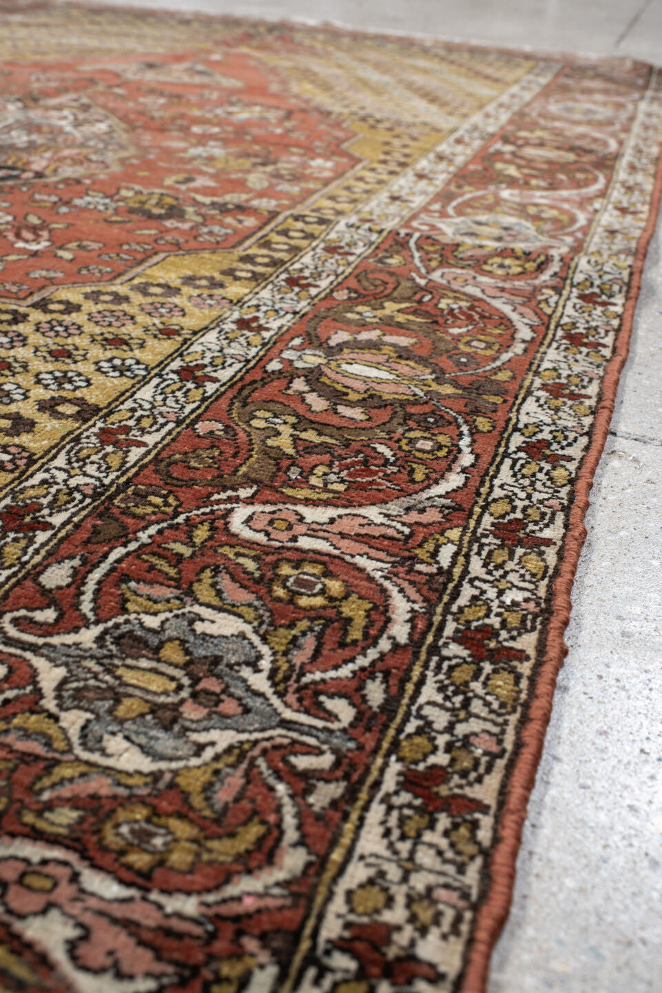 4' x 6' one-of-a-kind handmade vintage Baktiary small size rug. Color palette: rust, gold, ivory, charcoal, rose, olive