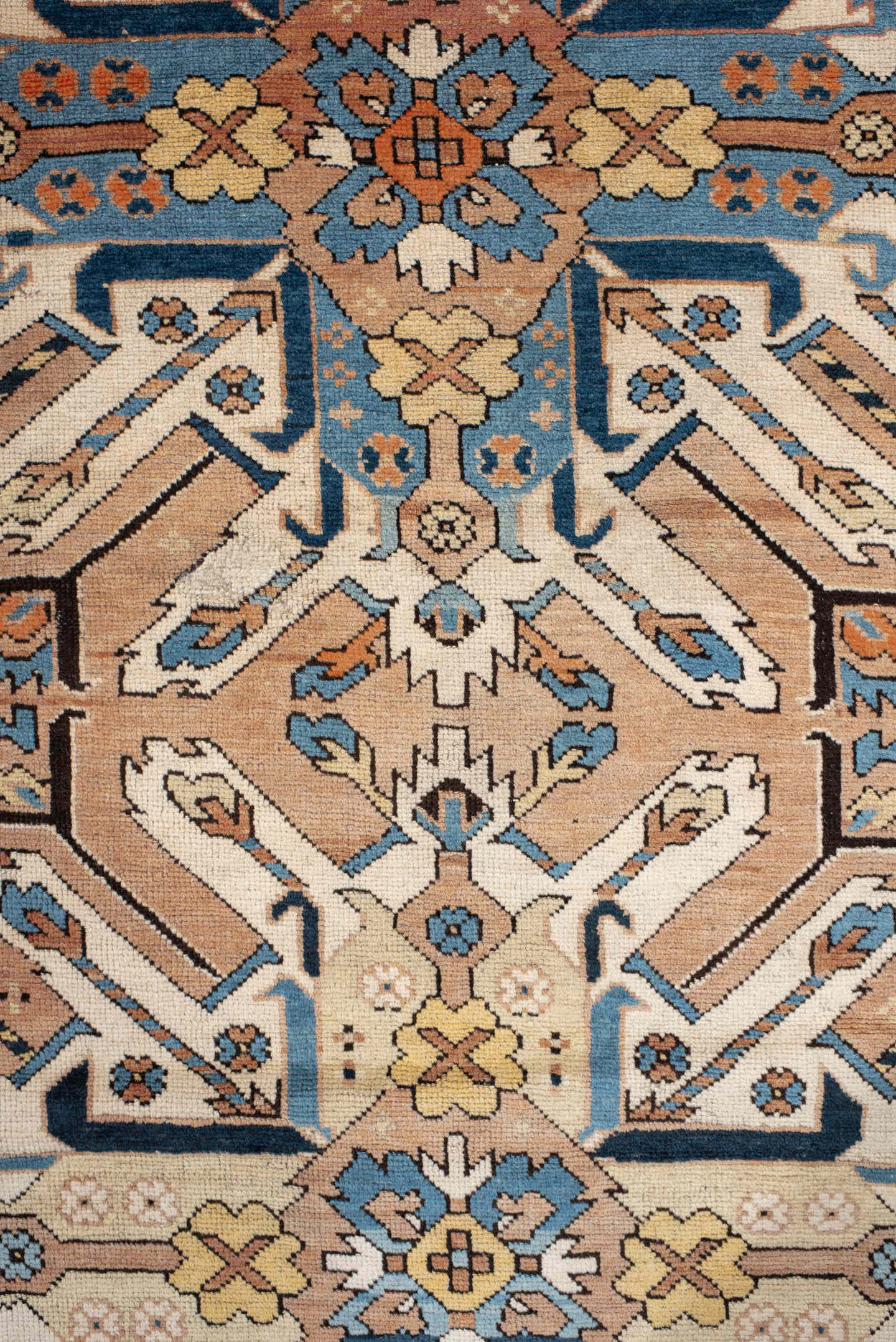 3' x 6' one-of-a-kind handmade vintage Kazak small size rug. Color palette: terra cotta, ivory, sky blue, navy, gold, brown
