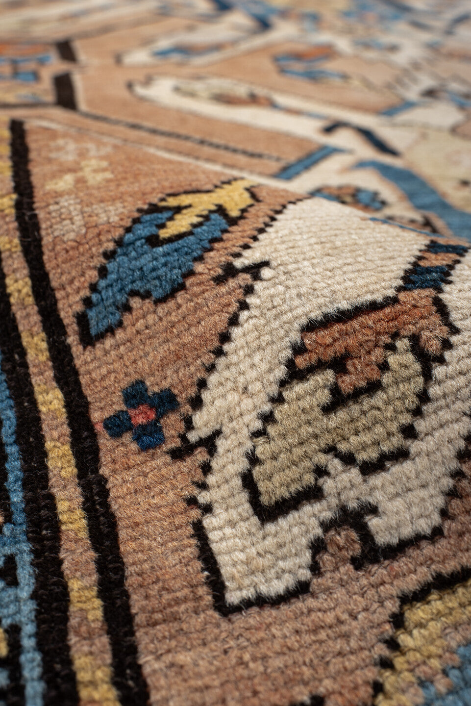 3' x 6' one-of-a-kind handmade vintage Kazak small size rug. Color palette: terra cotta, ivory, sky blue, navy, gold, brown