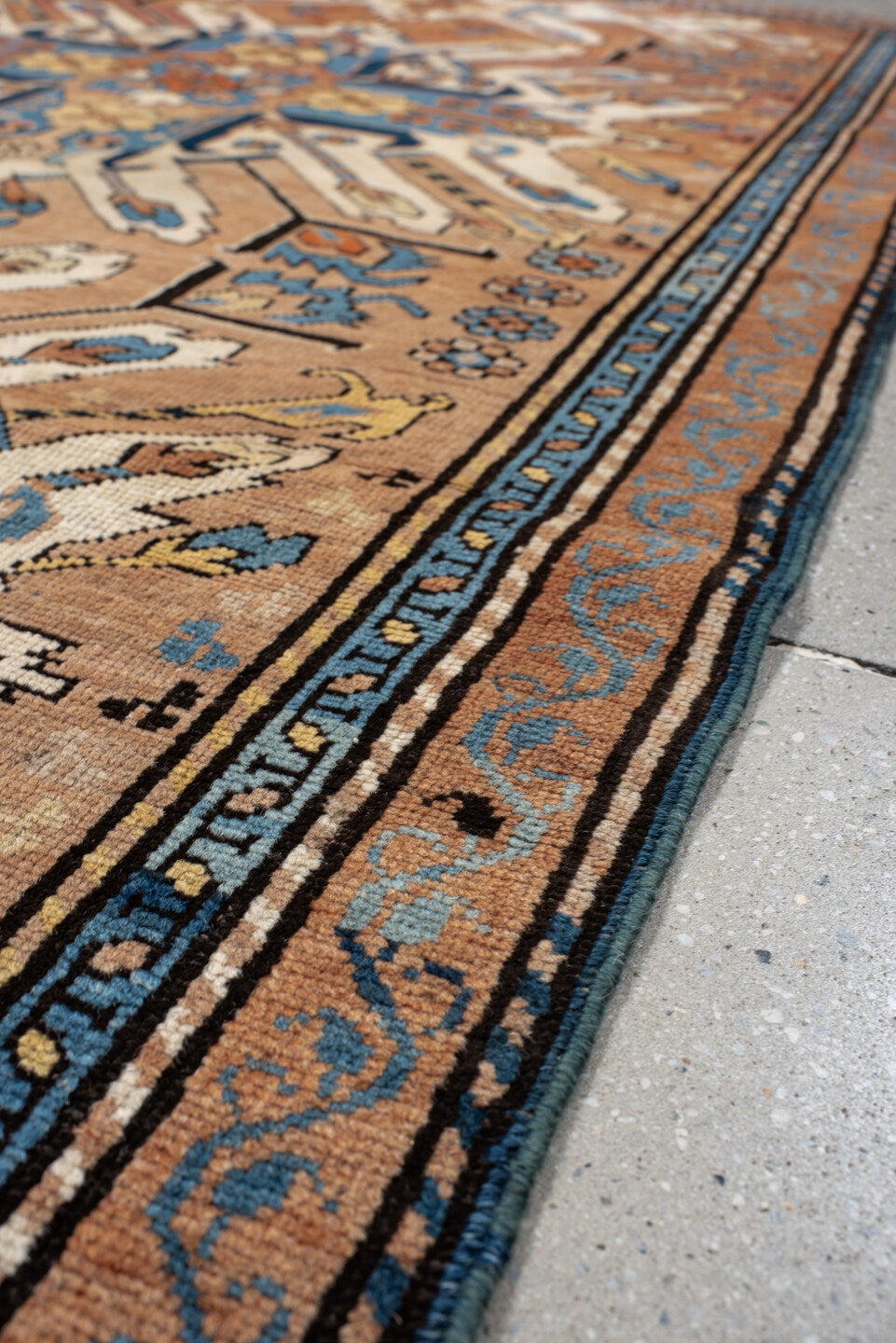 3' x 6' one-of-a-kind handmade vintage Kazak small size rug. Color palette: terra cotta, ivory, sky blue, navy, gold, brown