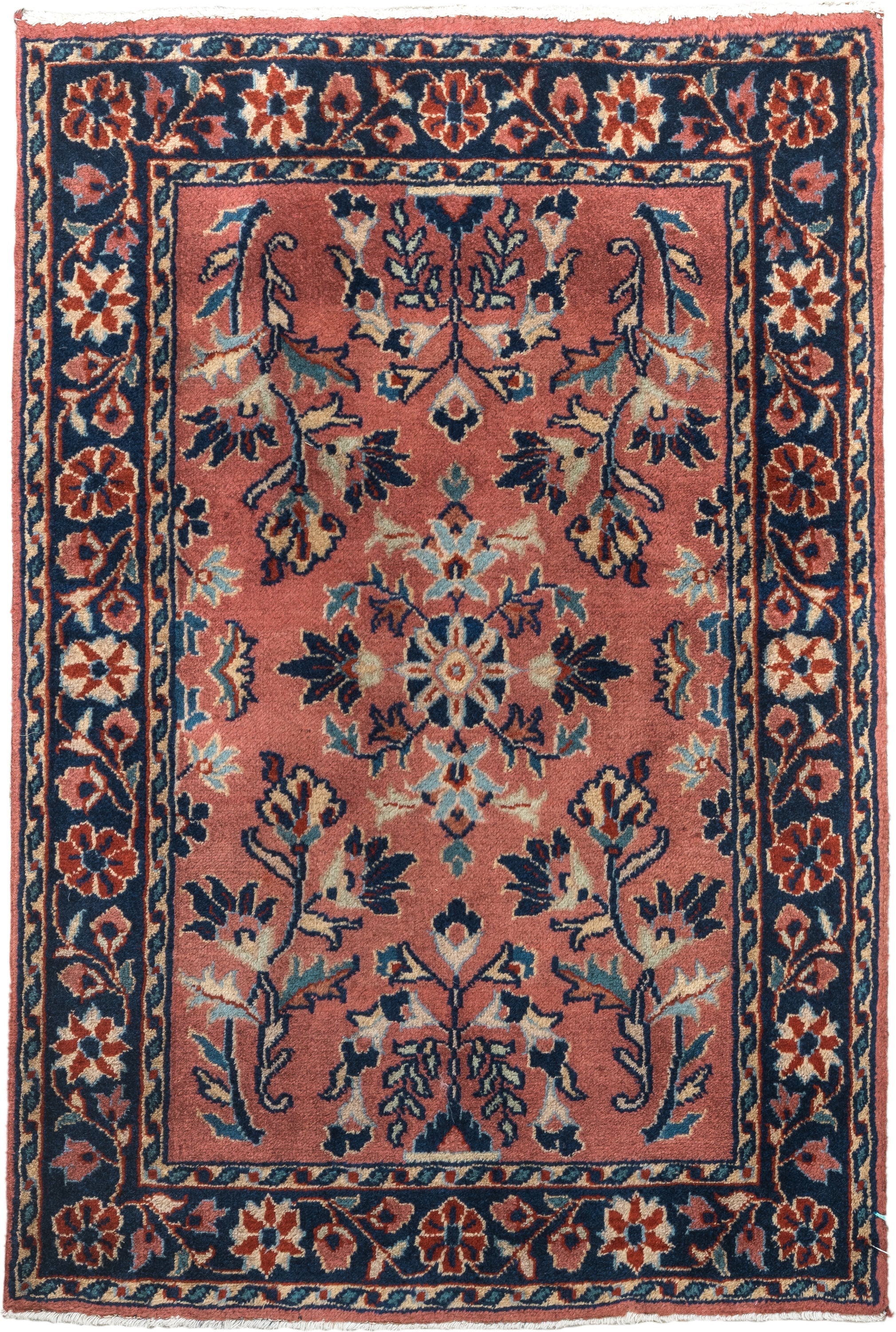 2' x 3' one-of-a-kind handmade vintage Sarouk small size rug. Color palette: rose, navy, ivory, rust, sky_blue, sienna, pink