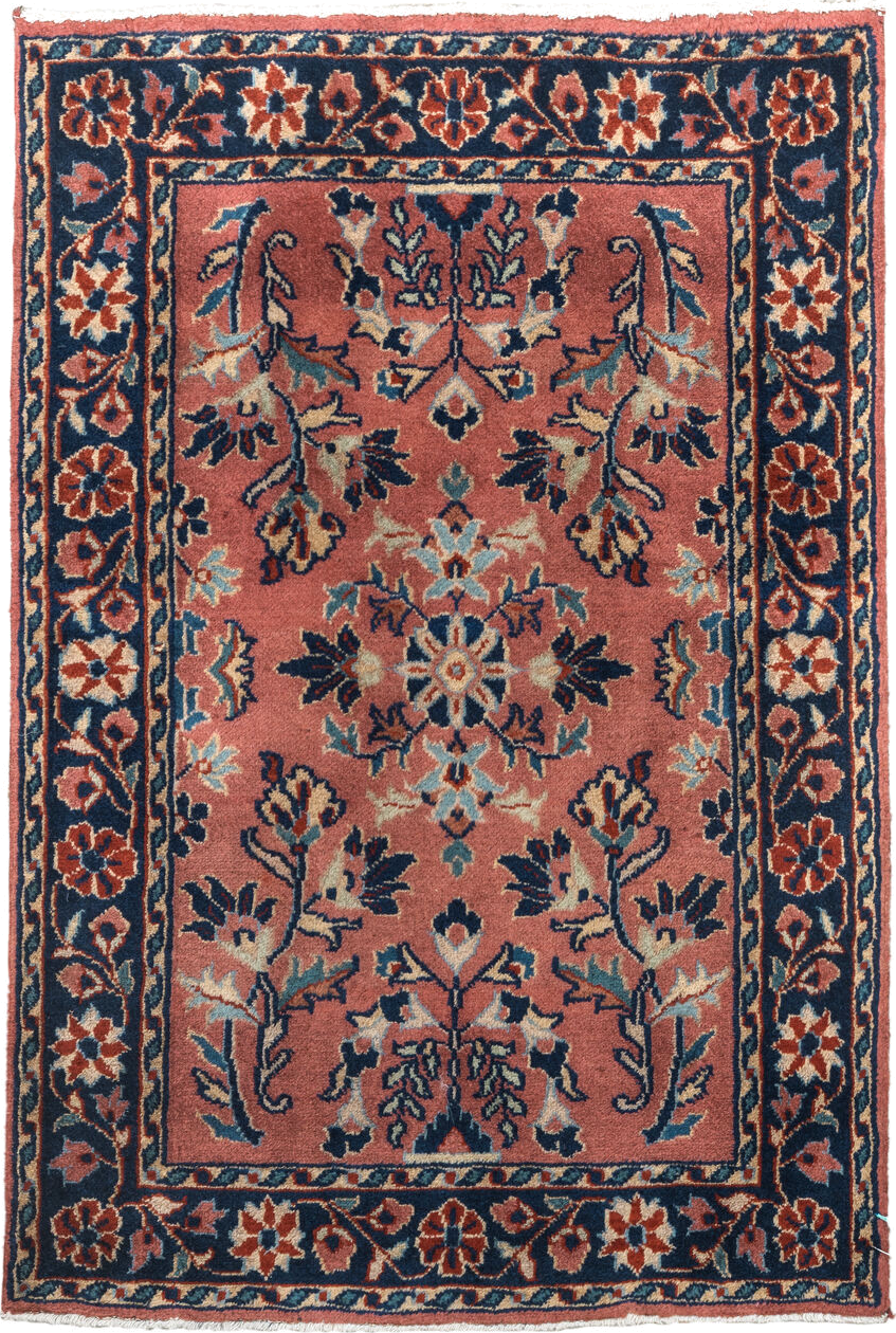 2' x 3' one-of-a-kind handmade vintage Sarouk small size rug. Color palette: blue, brown, gray, off-white, orange, pink, red