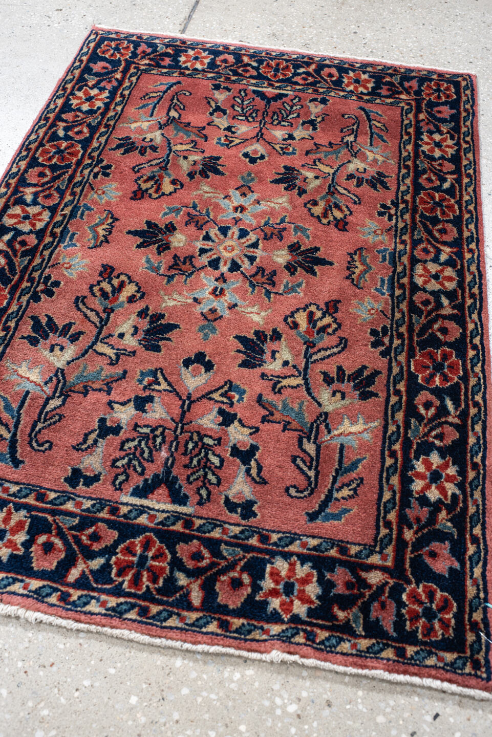 2' x 3' one-of-a-kind handmade vintage Sarouk small size rug. Color palette: blue, brown, gray, off-white, orange, pink, red
