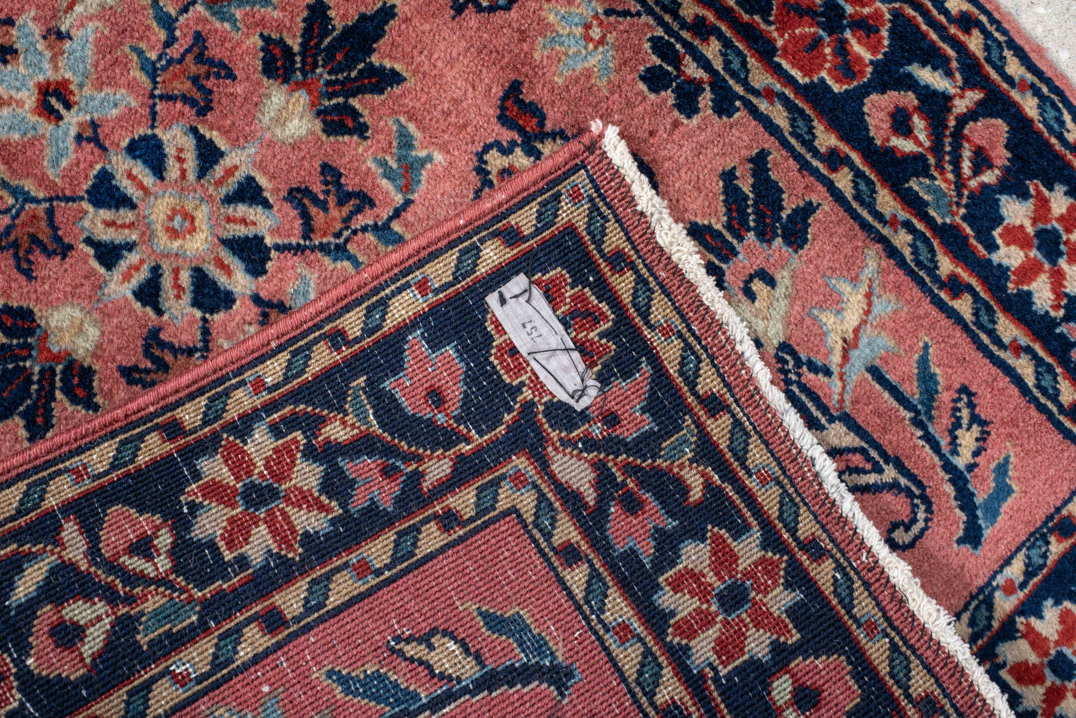 2' x 3' one-of-a-kind handmade vintage Sarouk small size rug. Color palette: blue, brown, gray, off-white, orange, pink, red