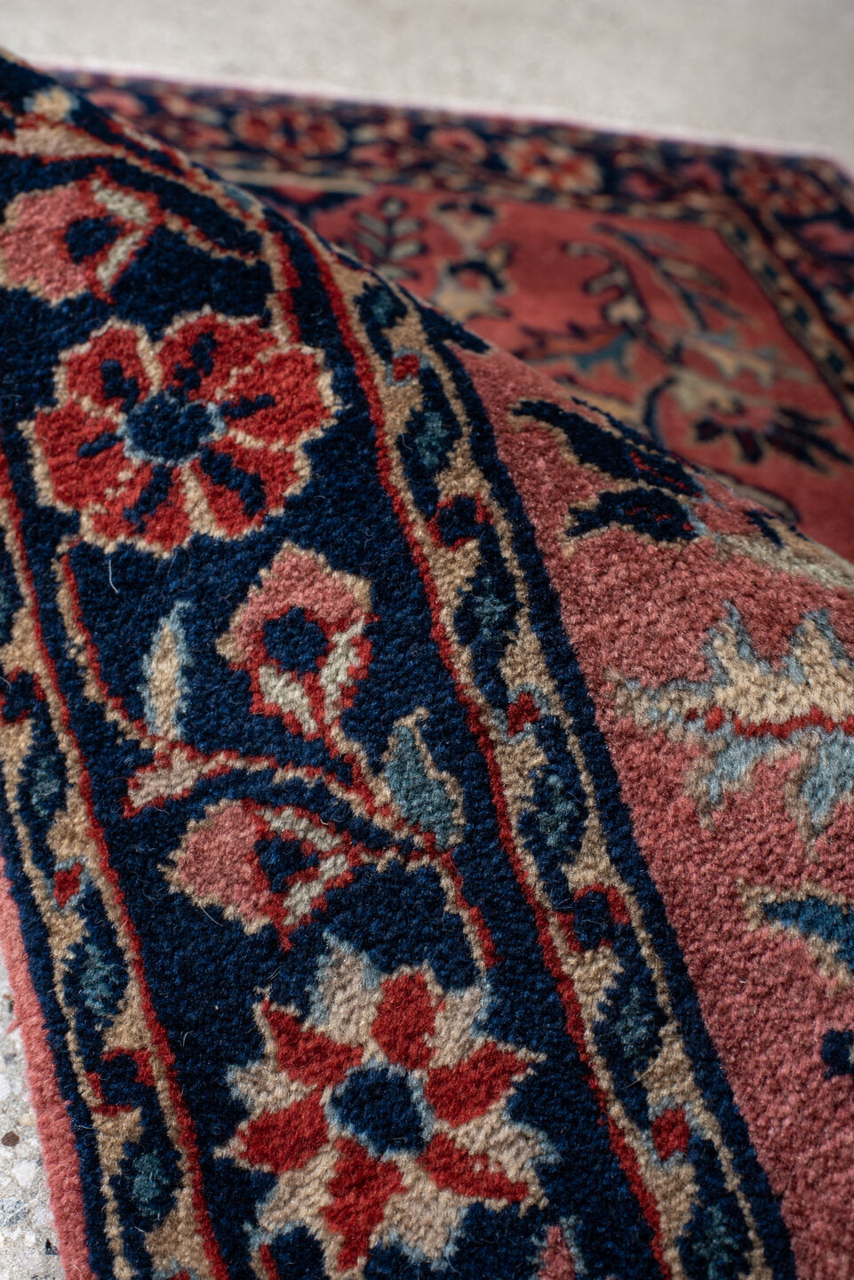 2' x 3' one-of-a-kind handmade vintage Sarouk small size rug. Color palette: blue, brown, gray, off-white, orange, pink, red