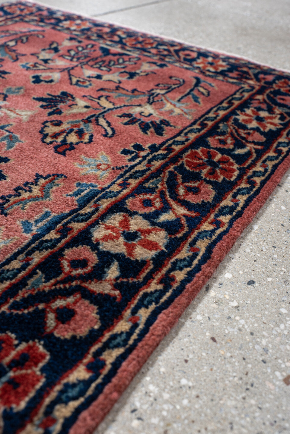 2' x 3' one-of-a-kind handmade vintage Sarouk small size rug. Color palette: blue, brown, gray, off-white, orange, pink, red