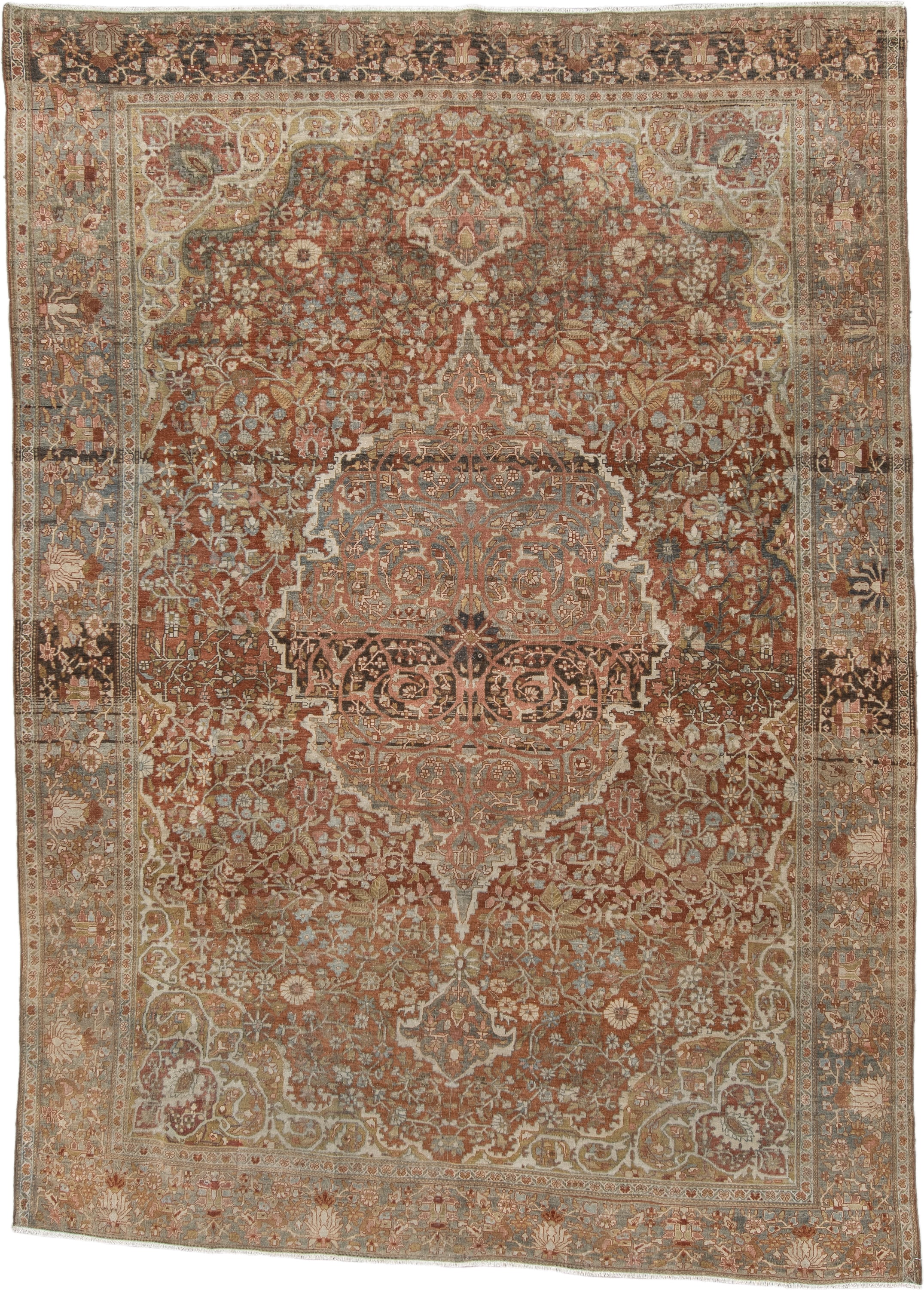 7' x 9' one-of-a-kind handmade antique Far.Sarouk rug. Color palette: rust, terracotta, ivory, slate, taupe, camel, charcoal