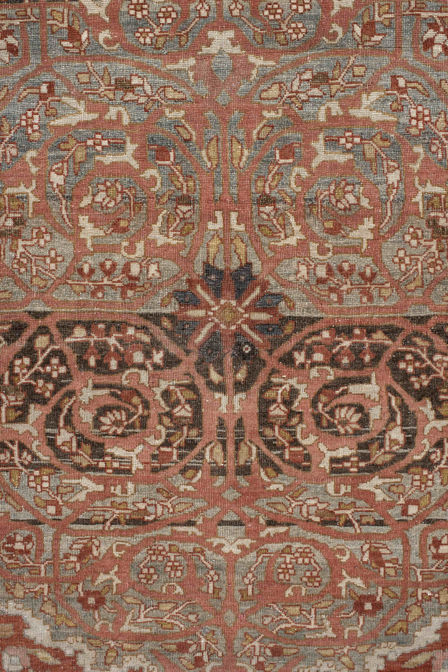7' x 9' one-of-a-kind handmade antique Far.Sarouk rug. Color palette: rust, terracotta, ivory, slate, taupe, camel, charcoal