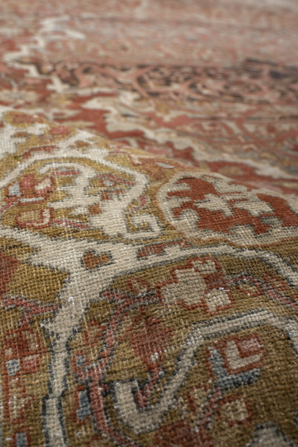 7' x 9' one-of-a-kind handmade antique Far.Sarouk rug. Color palette: rust, terracotta, ivory, slate, taupe, camel, charcoal