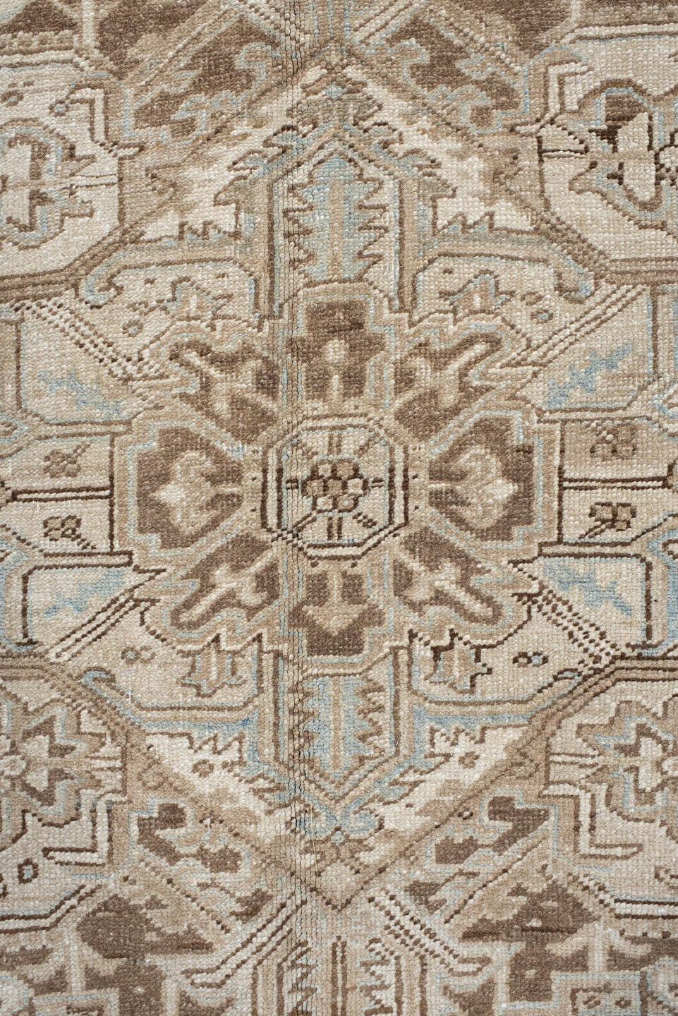 8' x 10' one-of-a-kind handmade vintage Heriz large size rug. Color palette: taupe, ivory, beige, brown, pale blue, gray