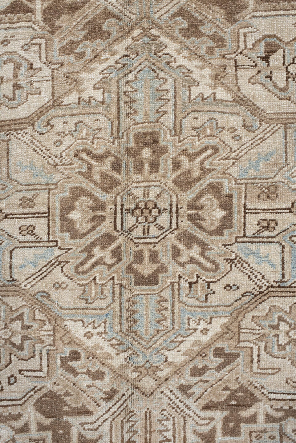 8' x 10' one-of-a-kind handmade vintage Heriz large size rug. Color palette: taupe, ivory, beige, brown, pale blue, gray
