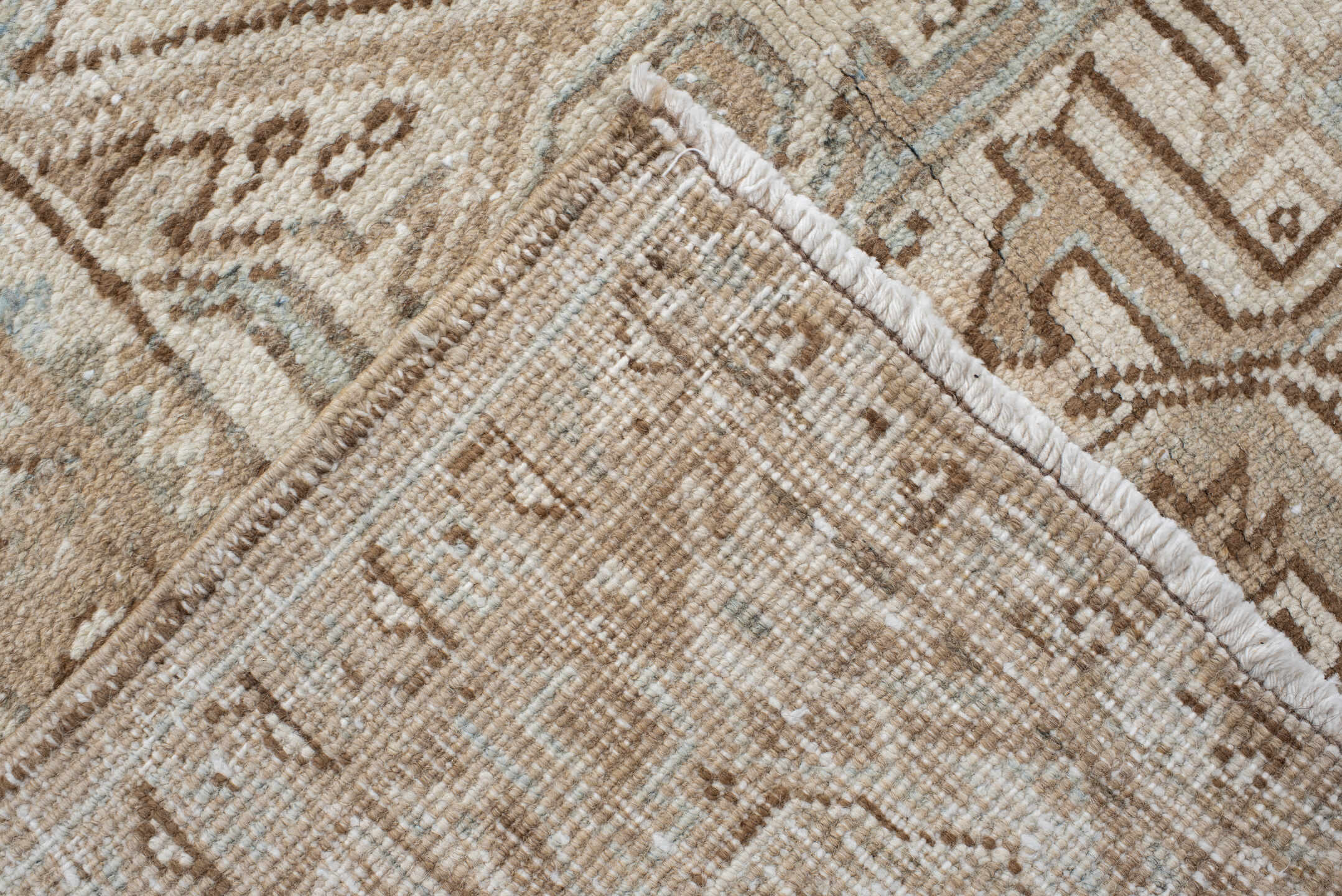 8' x 10' one-of-a-kind handmade vintage Heriz large size rug. Color palette: taupe, ivory, beige, brown, pale blue, gray