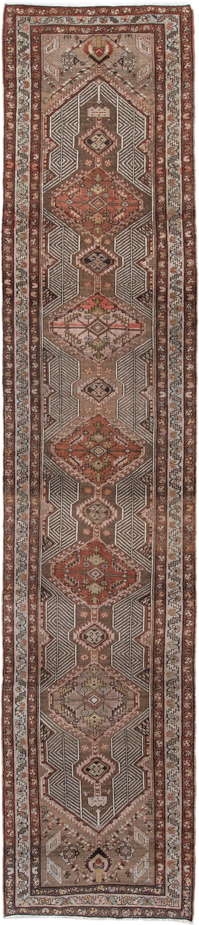3' x 14' one-of-a-kind handmade vintage Sarab runner rug. Color palette: taupe, rust, ivory, brown, camel, charcoal, rose
