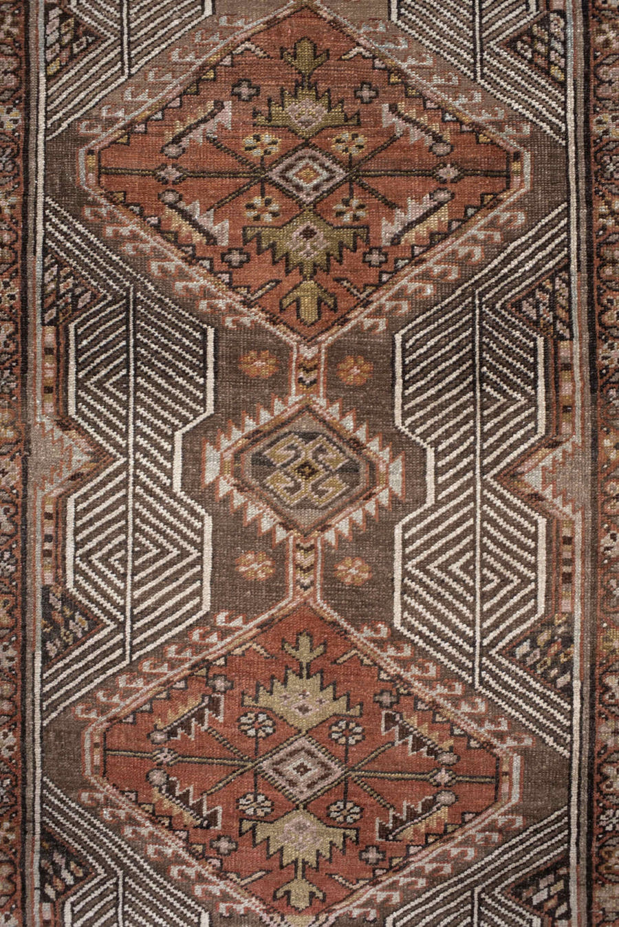 3' x 14' one-of-a-kind handmade vintage Sarab runner rug. Color palette: taupe, rust, ivory, brown, camel, charcoal, rose