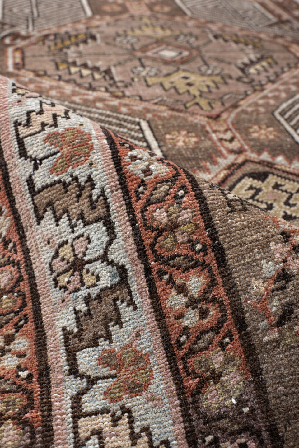 3' x 14' one-of-a-kind handmade vintage Sarab runner rug. Color palette: taupe, rust, ivory, brown, camel, charcoal, rose
