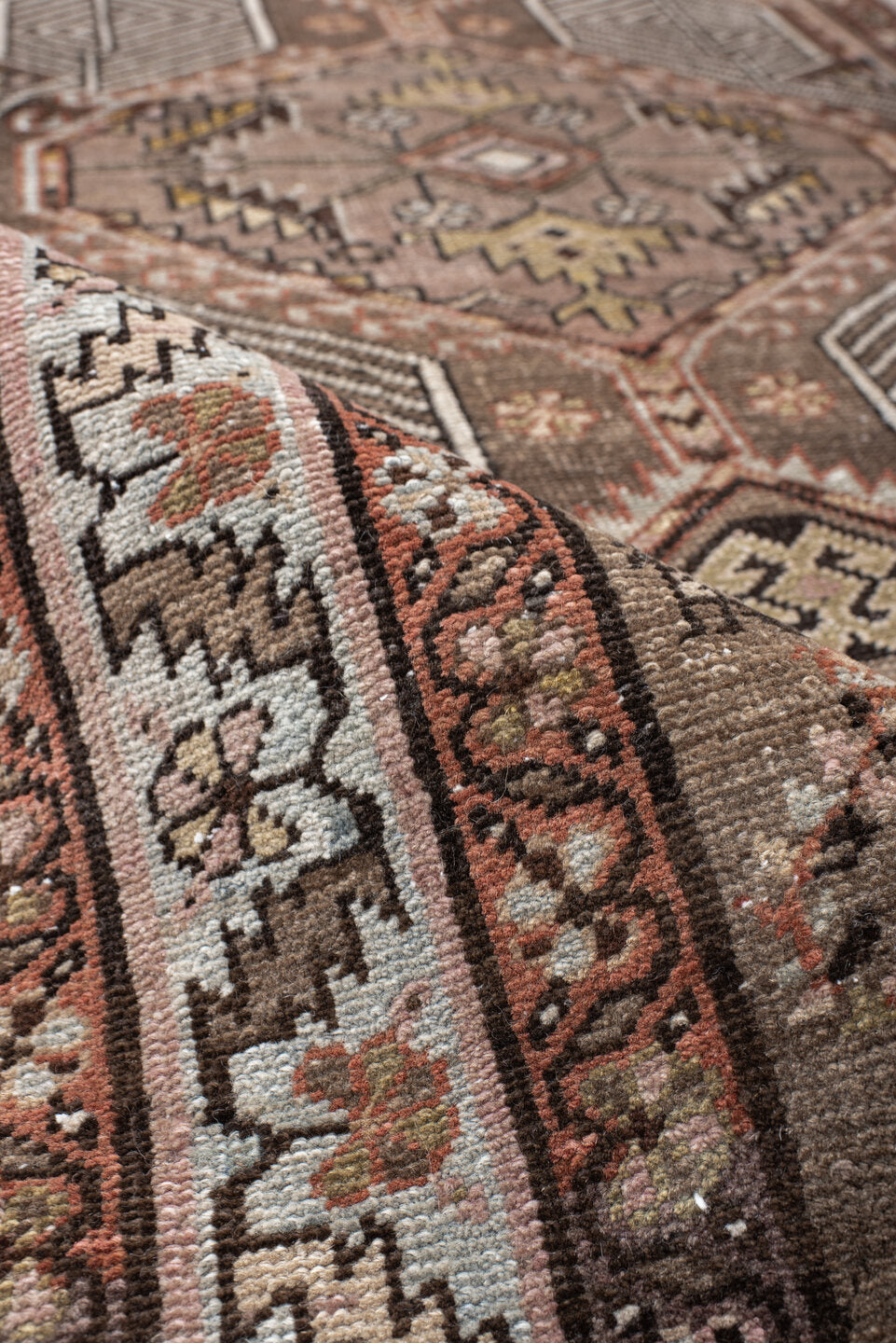 3' x 14' one-of-a-kind handmade vintage Sarab runner rug. Color palette: taupe, rust, ivory, brown, camel, charcoal, rose