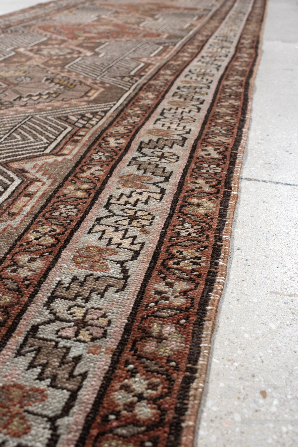 3' x 14' one-of-a-kind handmade vintage Sarab runner rug. Color palette: taupe, rust, ivory, brown, camel, charcoal, rose