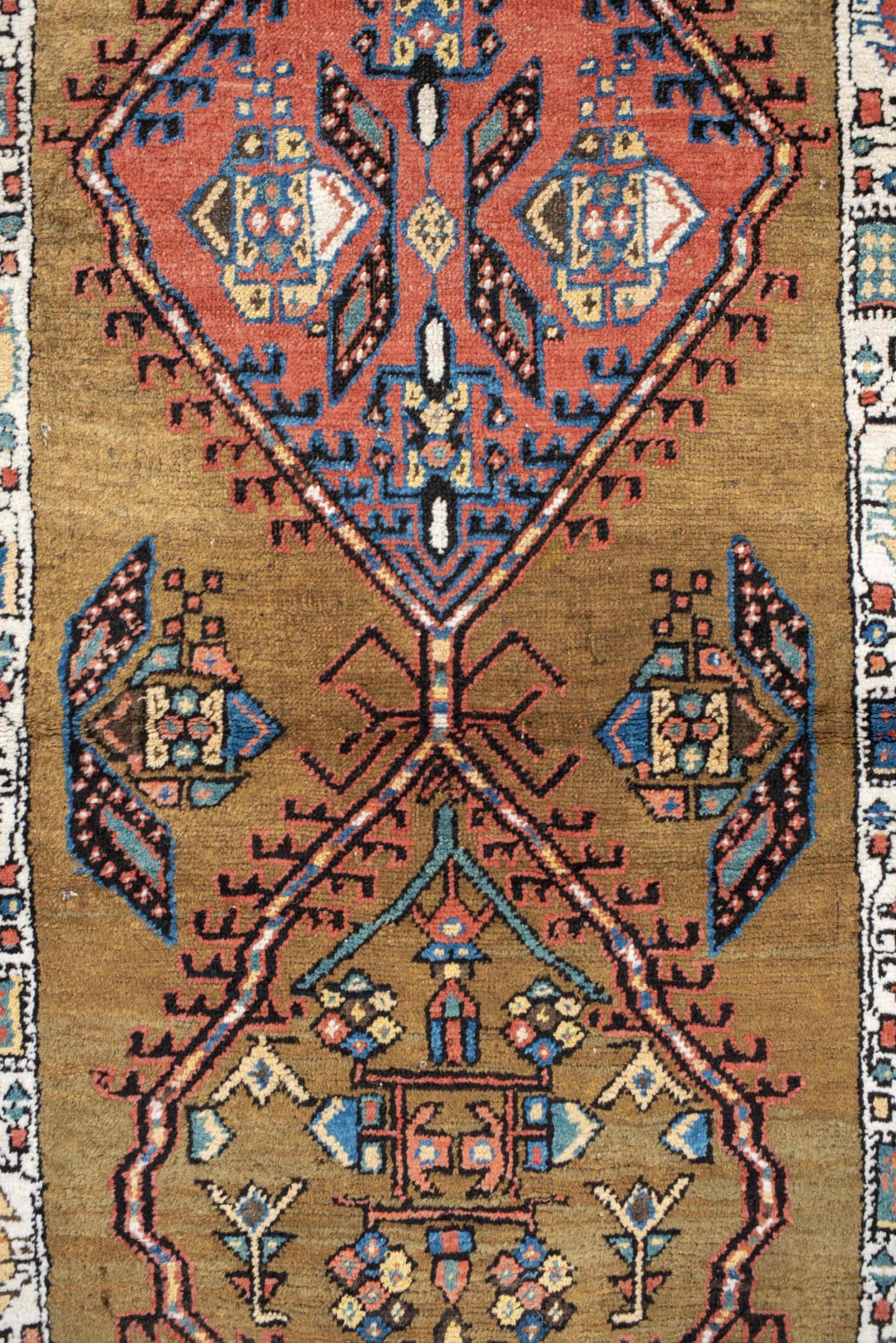 3' x 16' one-of-a-kind handmade vintage Sarab runner rug. Color palette: camel, rust, ivory, navy, terra cotta, indigo, rose