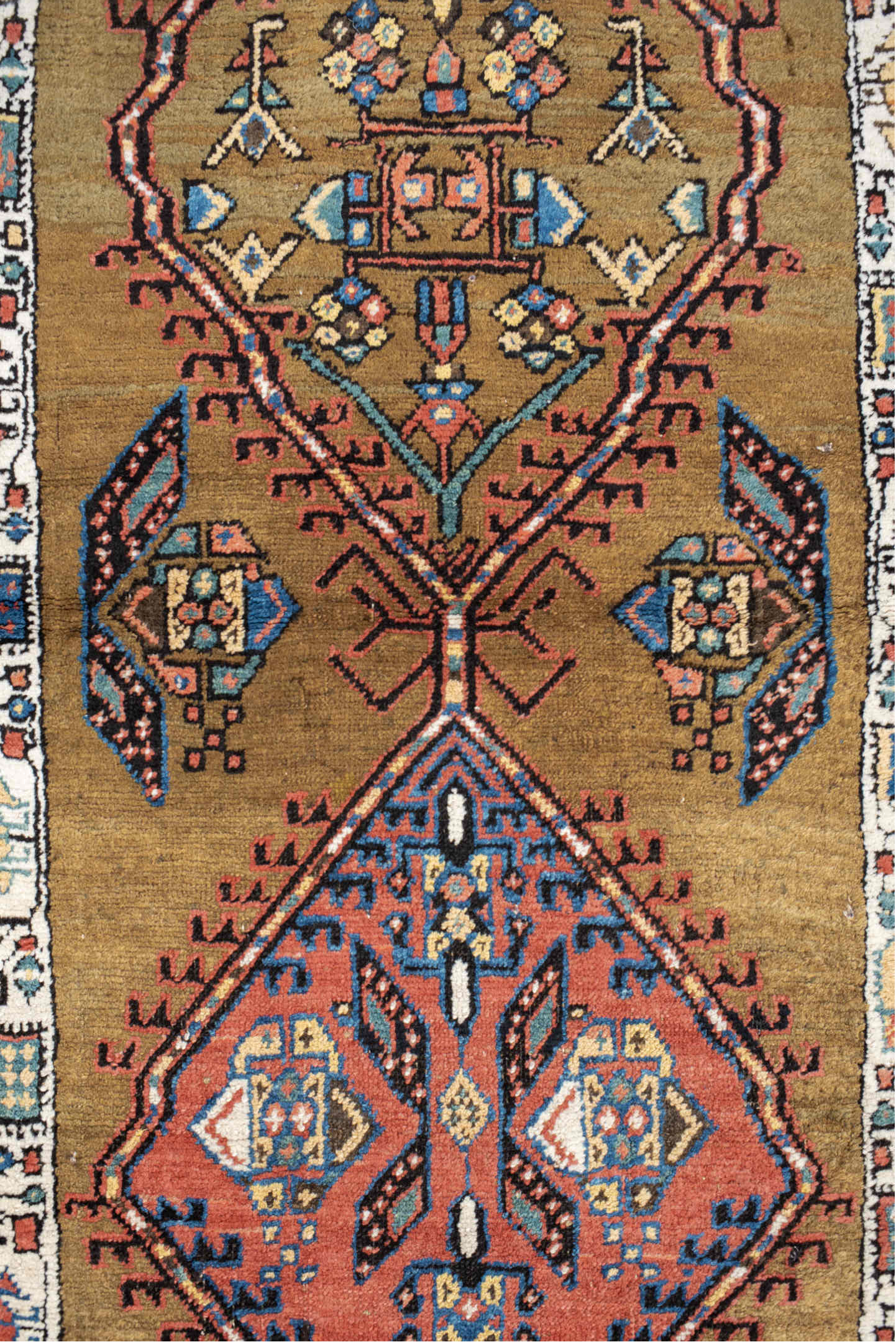 3' x 16' one-of-a-kind handmade vintage Sarab runner rug. Color palette: camel, rust, ivory, navy, terra cotta, indigo, rose