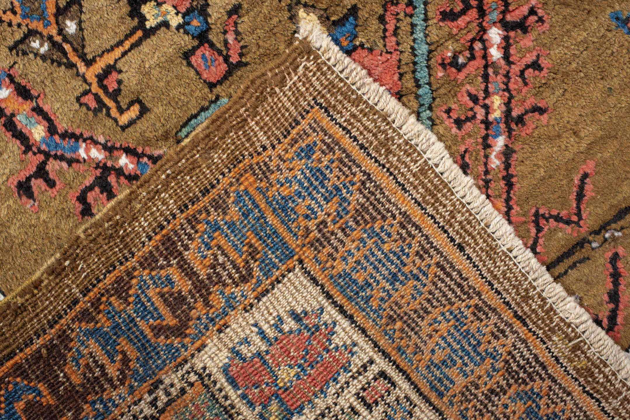 3' x 16' one-of-a-kind handmade vintage Sarab runner rug. Color palette: camel, rust, ivory, navy, terra cotta, indigo, rose