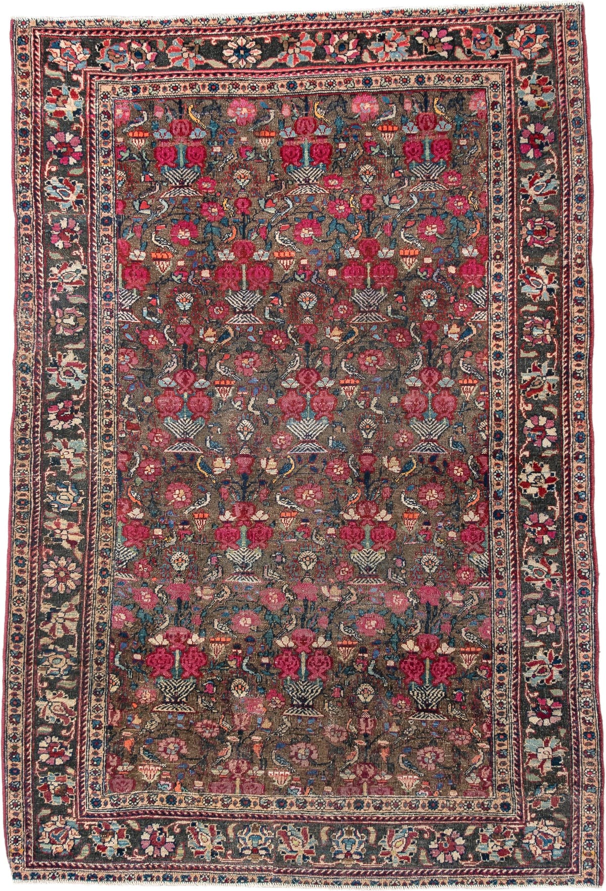 3' x 4' one-of-a-kind handmade vintage Sarouk small size rug. Color palette: brown, rose, ivory, navy, slate, crimson, camel