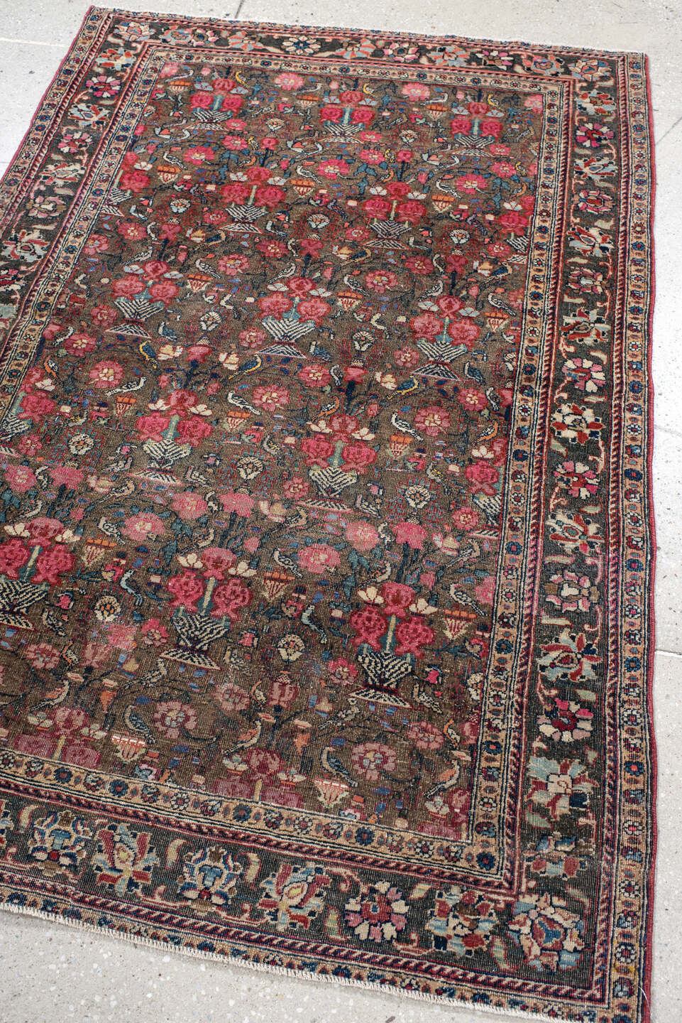 3' x 4' one-of-a-kind handmade vintage Sarouk small size rug. Color palette: brown, rose, ivory, navy, slate, crimson, camel