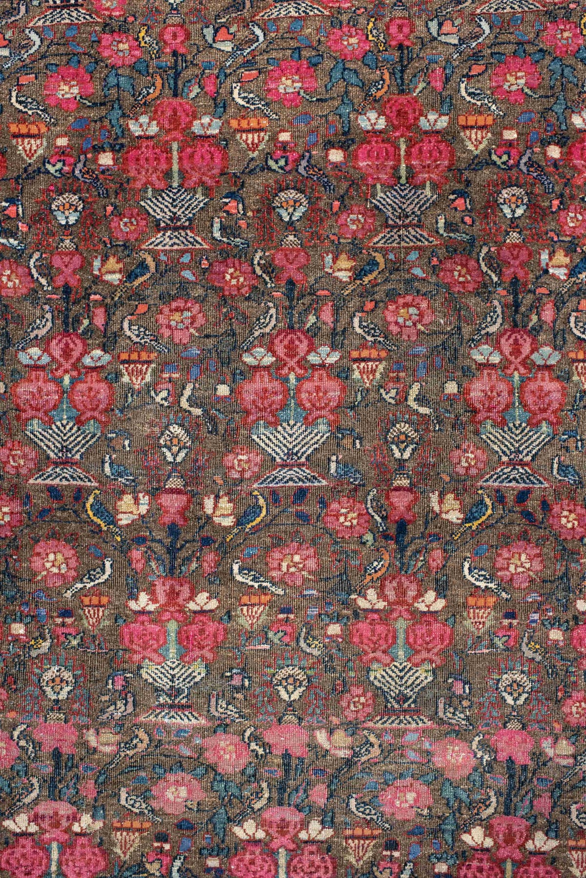 3' x 4' one-of-a-kind handmade vintage Sarouk small size rug. Color palette: brown, rose, ivory, navy, slate, crimson, camel