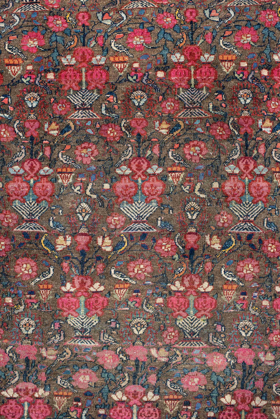 3' x 4' one-of-a-kind handmade vintage Sarouk small size rug. Color palette: brown, rose, ivory, navy, slate, crimson, camel