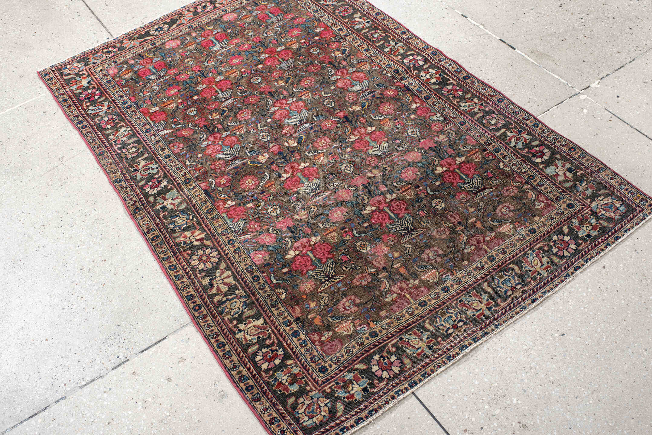 3' x 4' one-of-a-kind handmade vintage Sarouk small size rug. Color palette: brown, rose, ivory, navy, slate, crimson, camel
