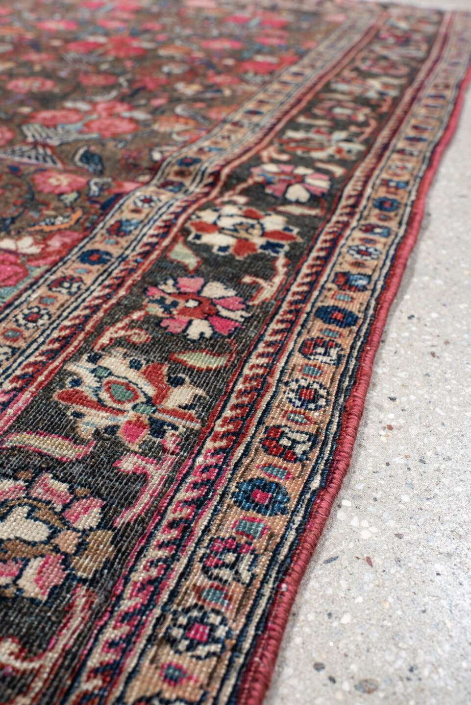 3' x 4' one-of-a-kind handmade vintage Sarouk small size rug. Color palette: brown, rose, ivory, navy, slate, crimson, camel