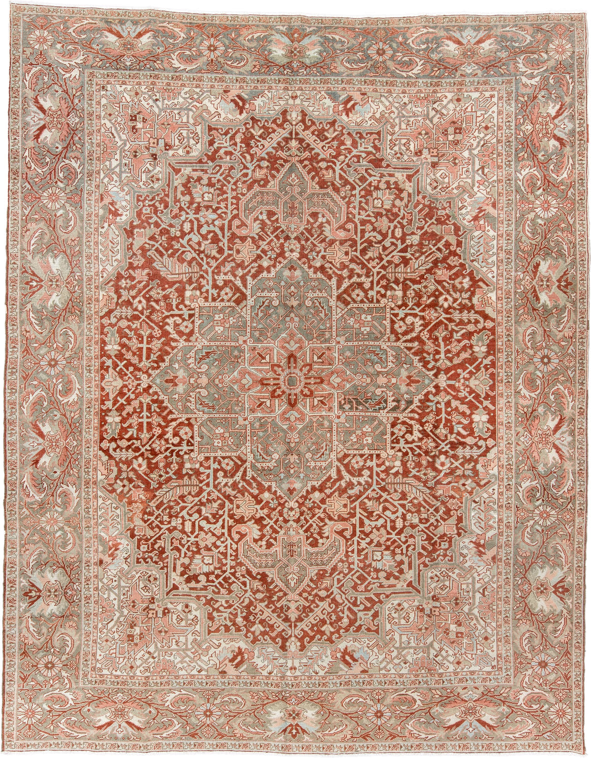12' x 9' one-of-a-kind handmade vintage Heriz rug. Color palette: terracotta, ivory, pale blue, blue gray, camel, rust