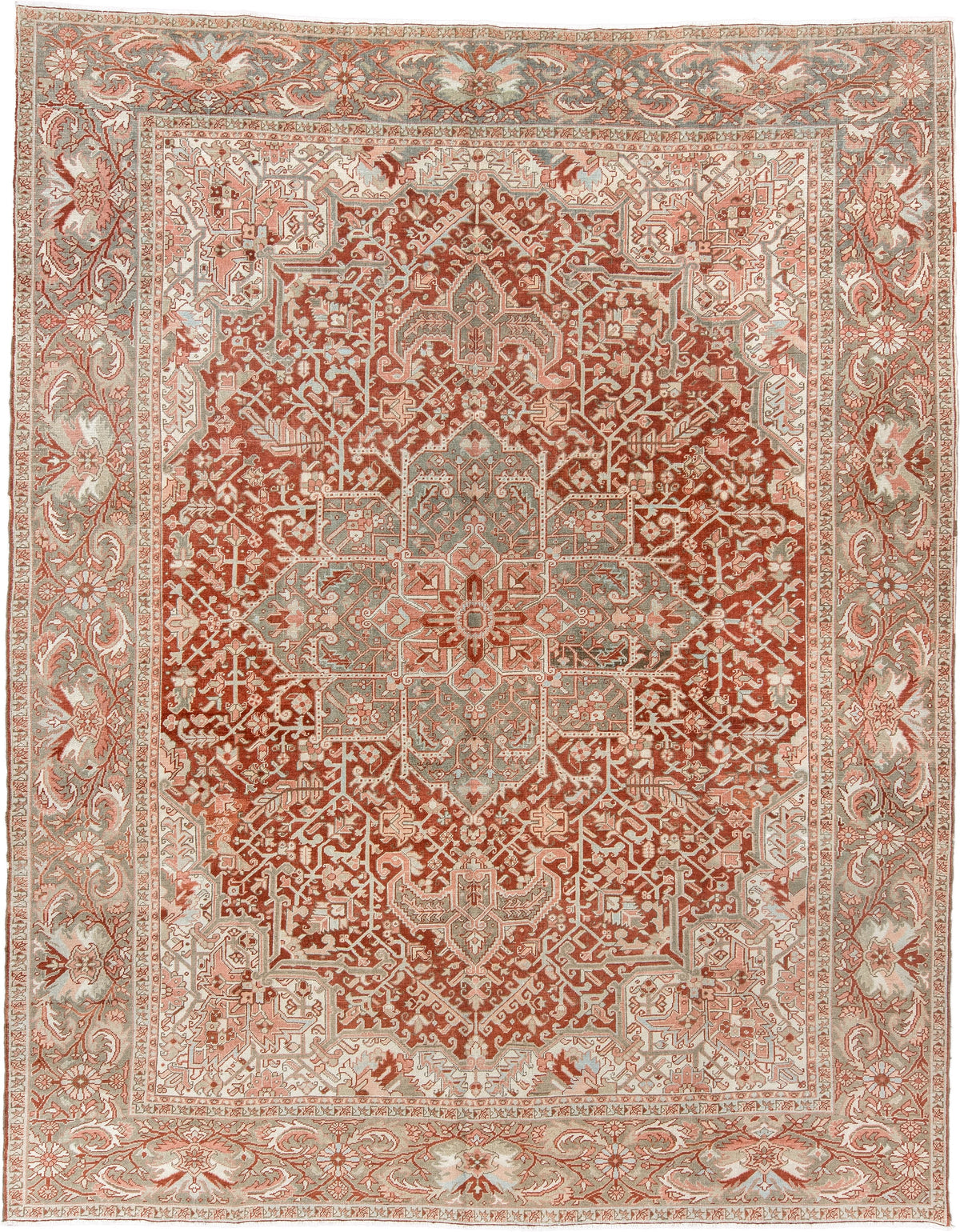 12' x 9' one-of-a-kind handmade vintage Heriz rug. Color palette: terracotta, ivory, pale blue, blue gray, camel, rust