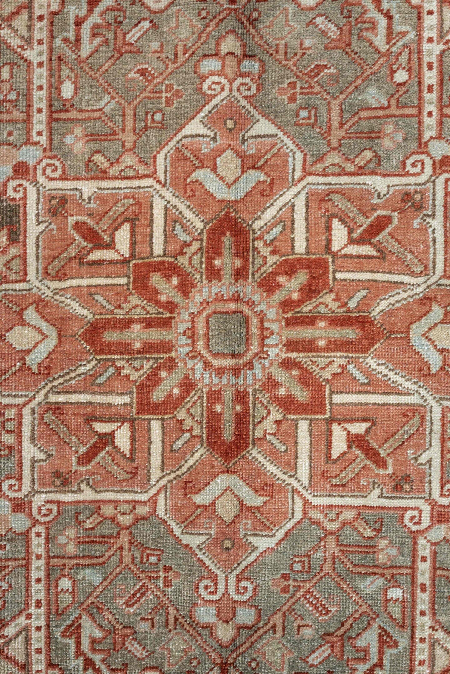 12' x 9' one-of-a-kind handmade vintage Heriz rug. Color palette: terracotta, ivory, pale blue, blue gray, camel, rust