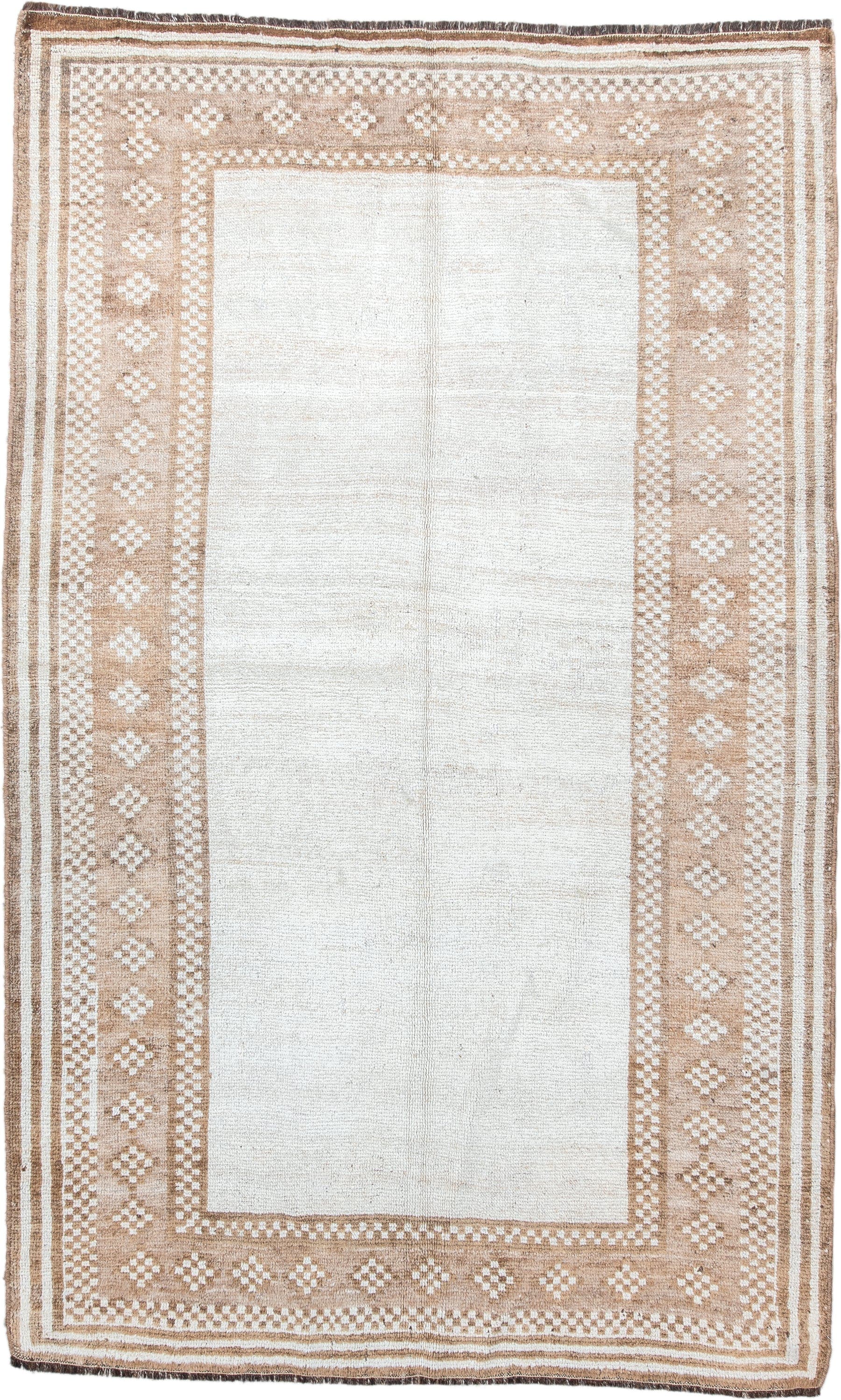 4' x 6' one-of-a-kind handmade vintage Gabbe small size rug. Color palette: ivory, camel, taupe, cream, brown, beige, gray